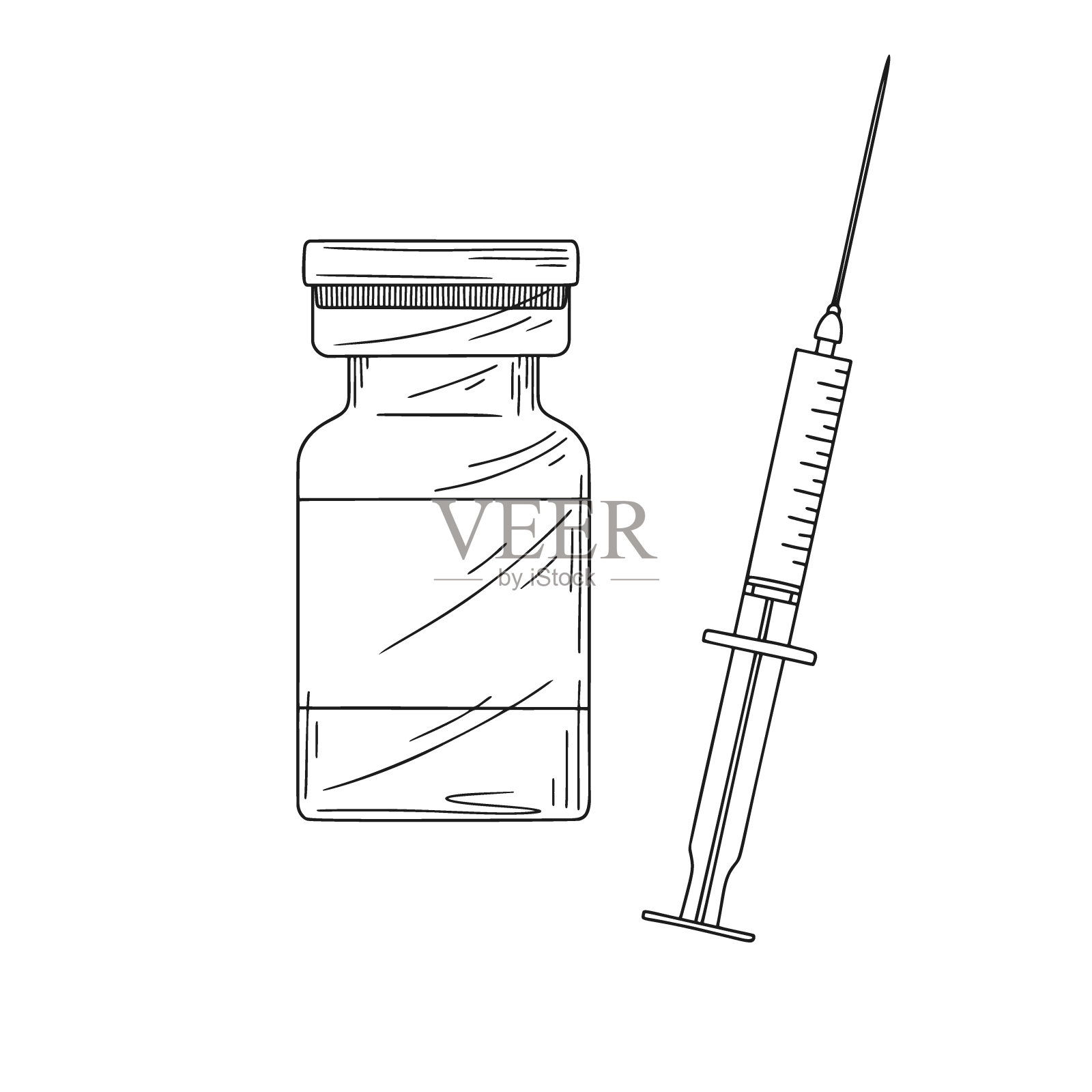 图标医疗注射器与针和小瓶在平面风格，接种概念，注射。孤立的矢量插图在素描风格插画图片素材