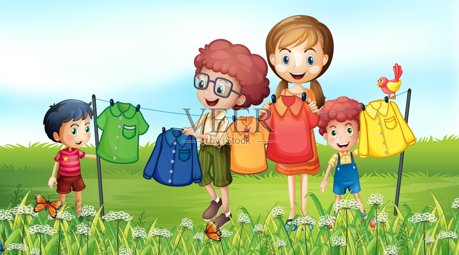 自然场景背景与家人在花园里洗衣服设计模板素材