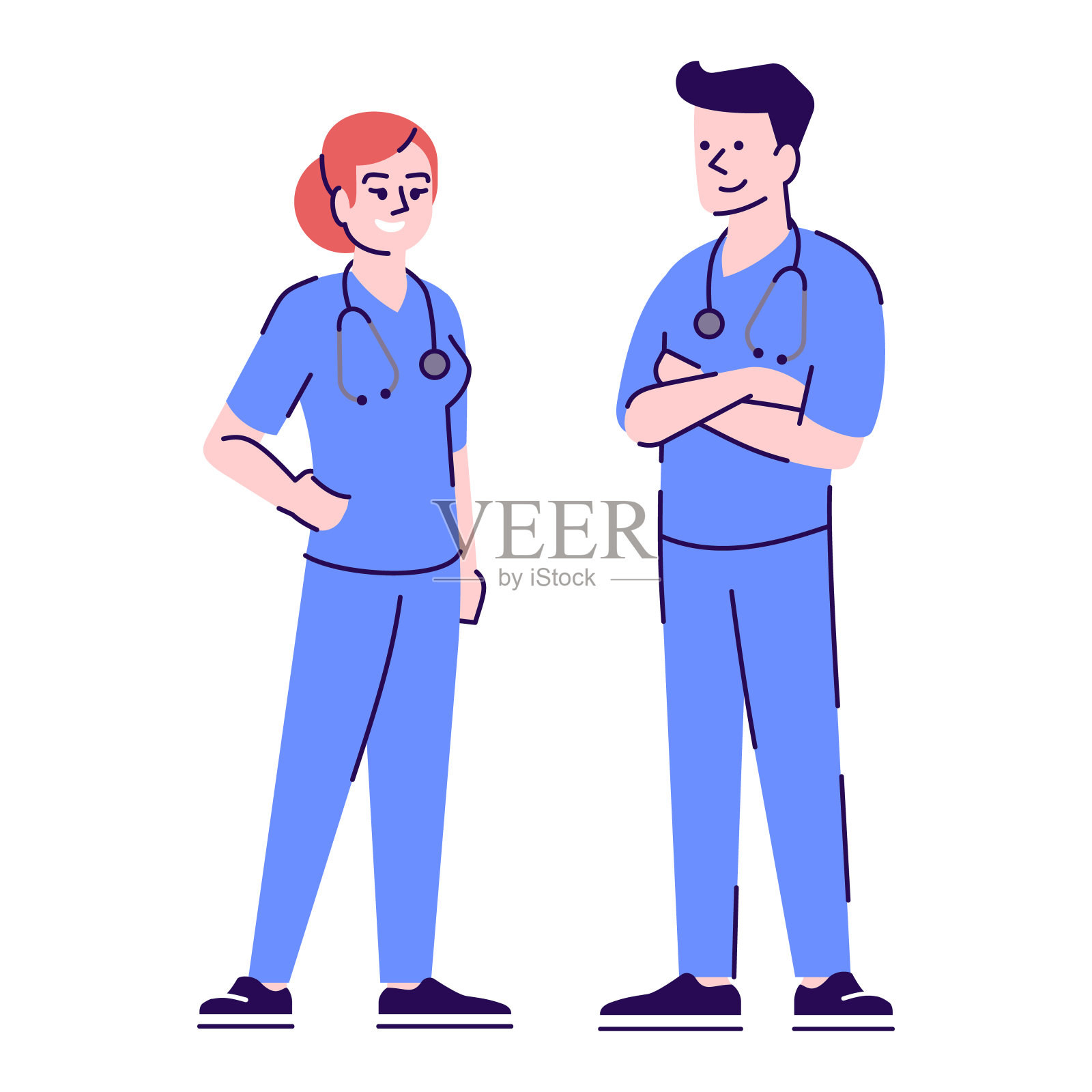 男女护士平面矢量字符。医护人员卡通插图与大纲。专业的护理人员。医生，治疗师，全科医生夫妇隔离在白色插画图片素材