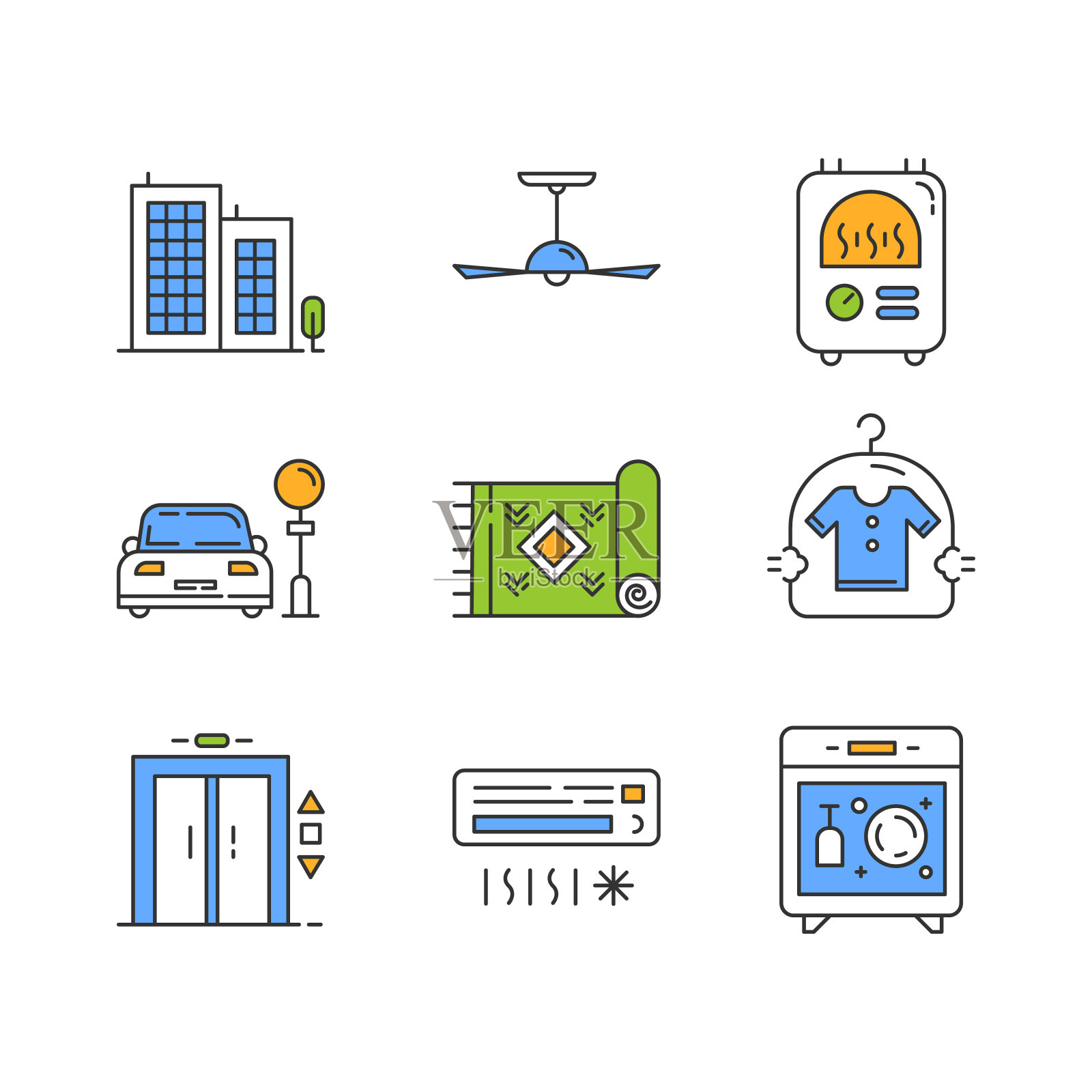公寓设施颜色图标集。多层建筑，干洗，停车场。空调系统，集中加热器，电梯电梯，地毯，洗碗机。孤立的矢量插图图标素材