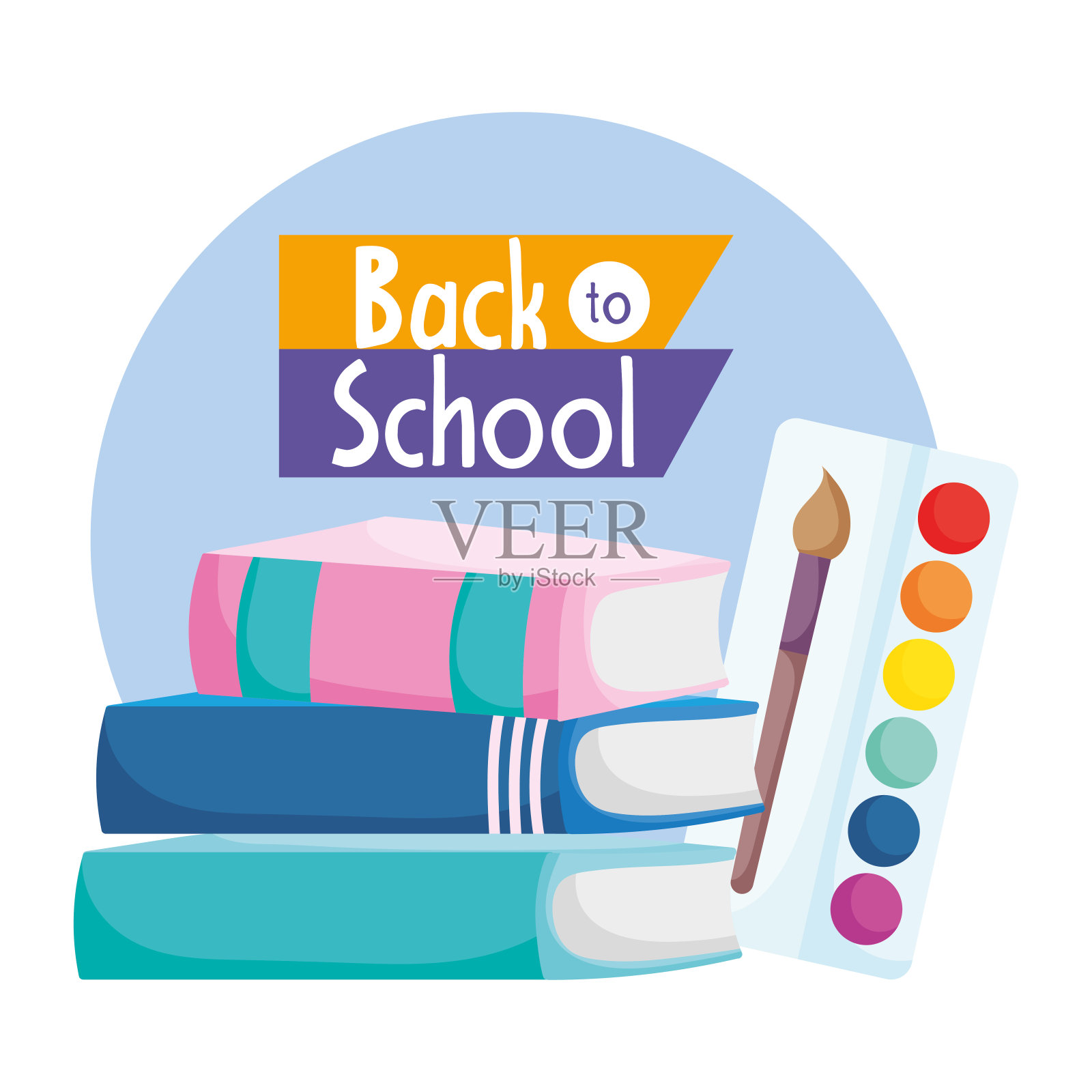 回到学校教育叠书和调色板刷色艺术插画图片素材