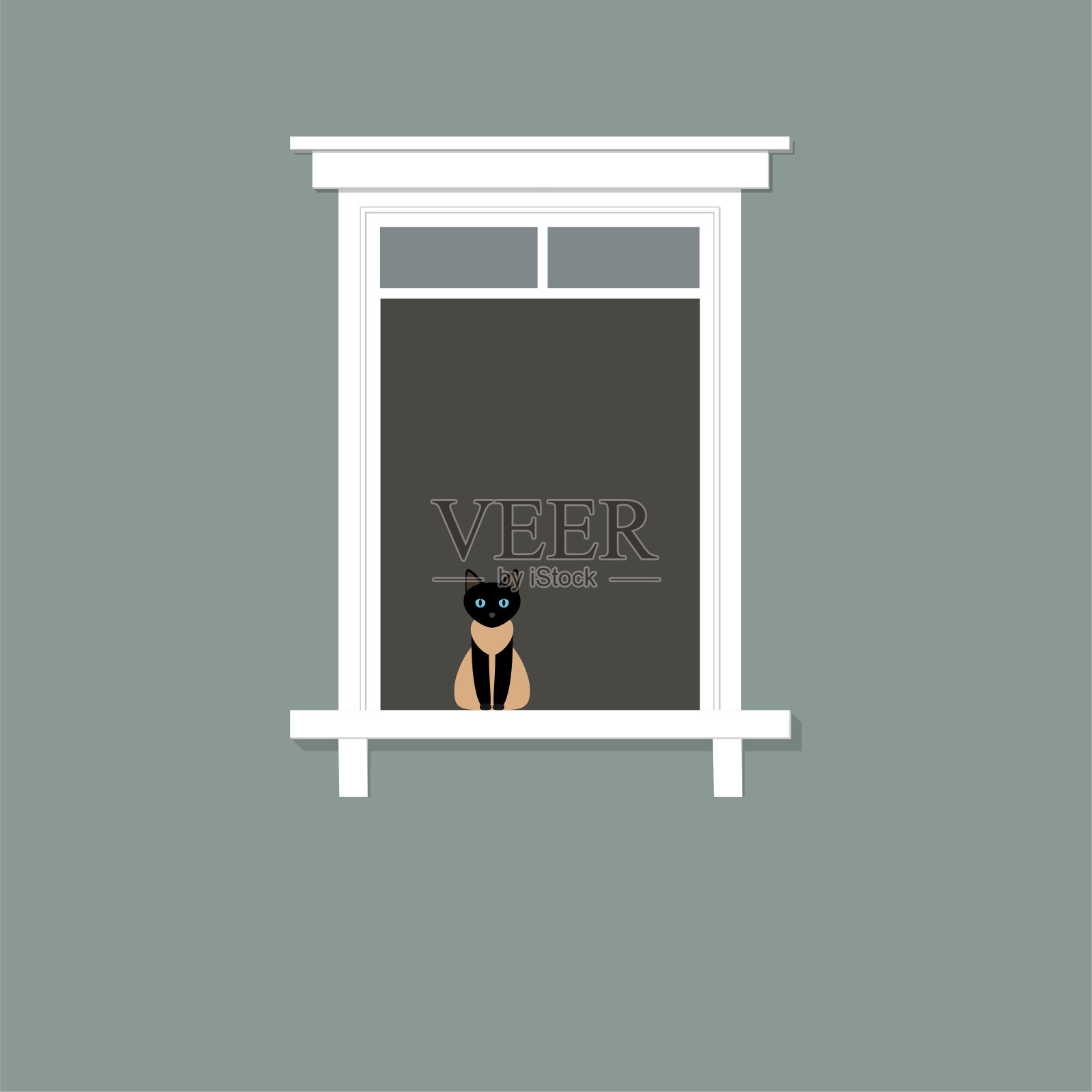 暹罗猫坐在窗户上。“居家”理念，隔离预防新冠肺炎传播。矢量股票平面插图插画图片素材