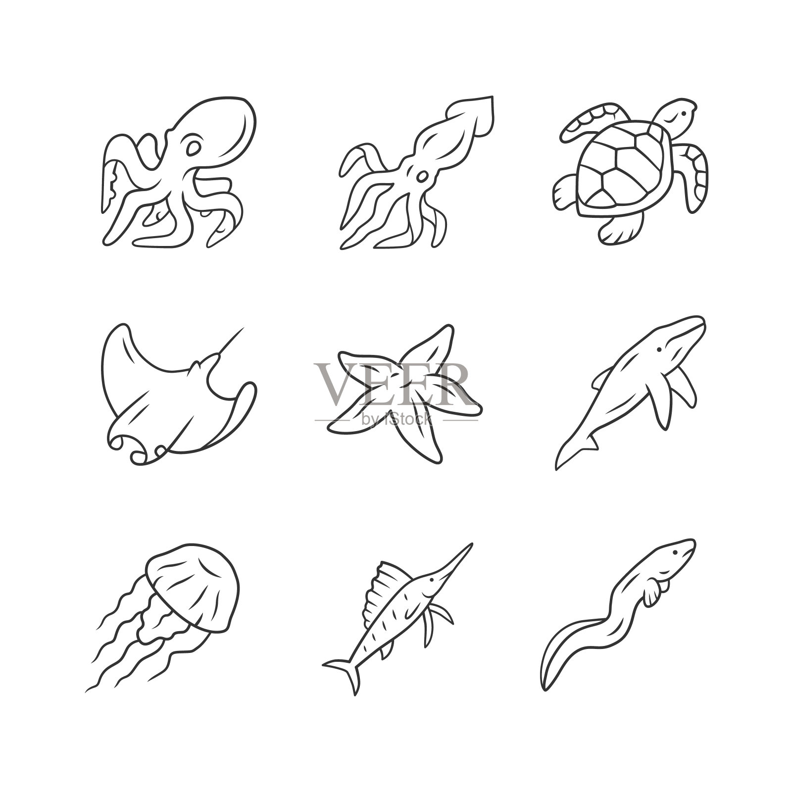 海洋动物线性图标集。会游泳的章鱼、海星、鱿鱼、水母。海洋水族馆。水下居民。细线等高线符号。孤立矢量大纲插图。可编辑的中风插画图片素材