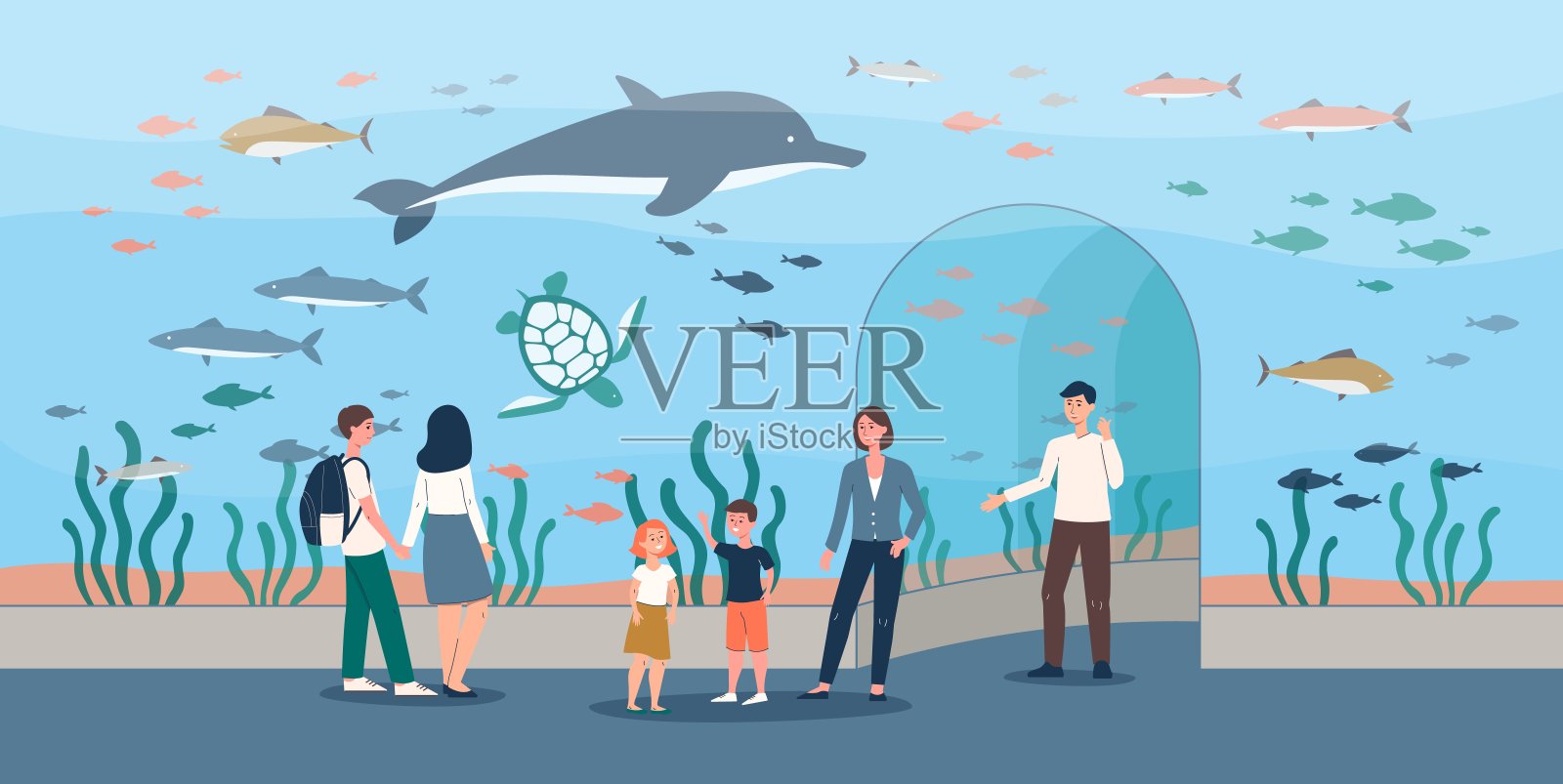 水族馆内部用透明的墙壁和人平面矢量插图。插画图片素材