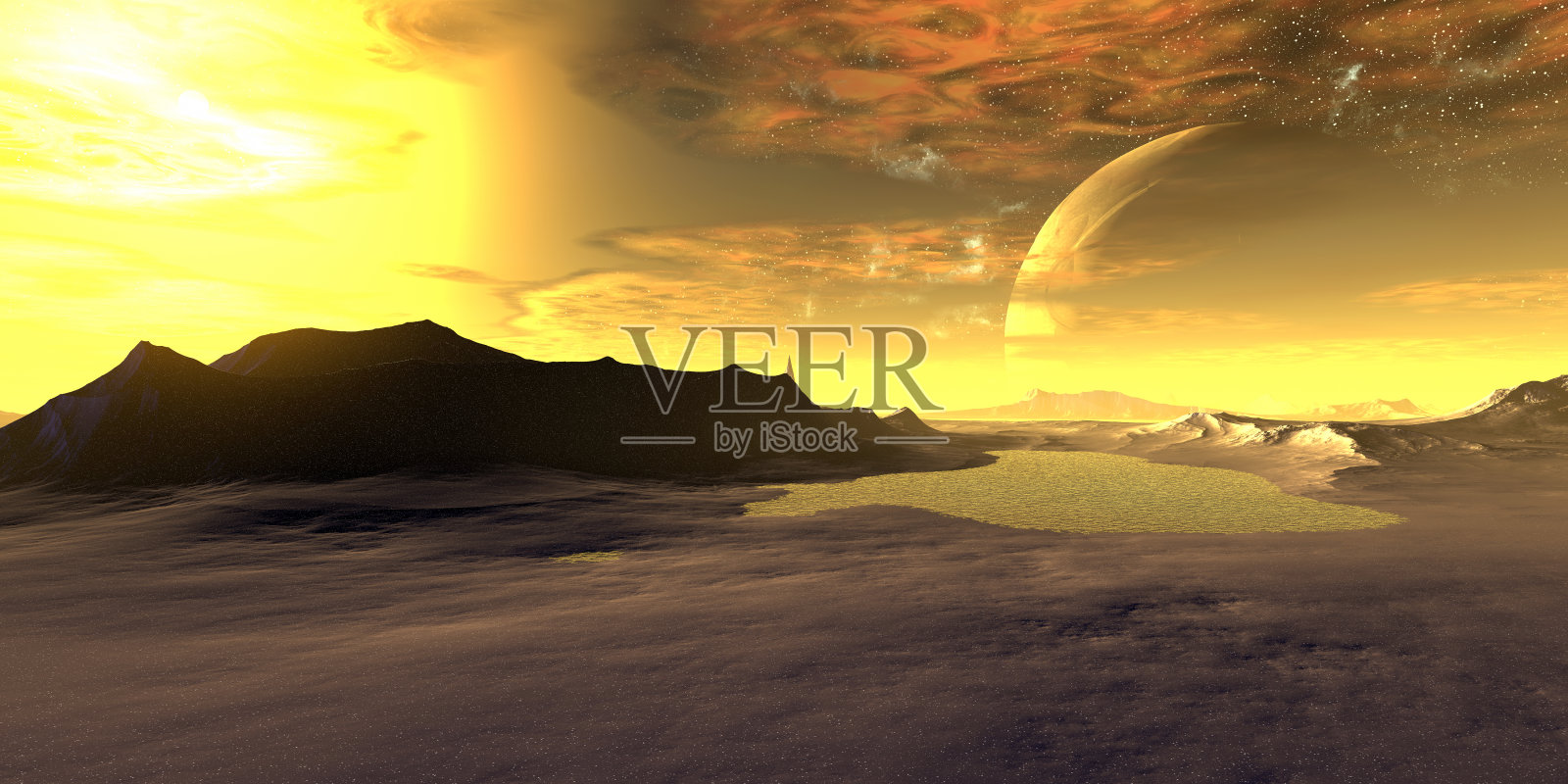 外星人的星球。山和湖。三维渲染照片摄影图片