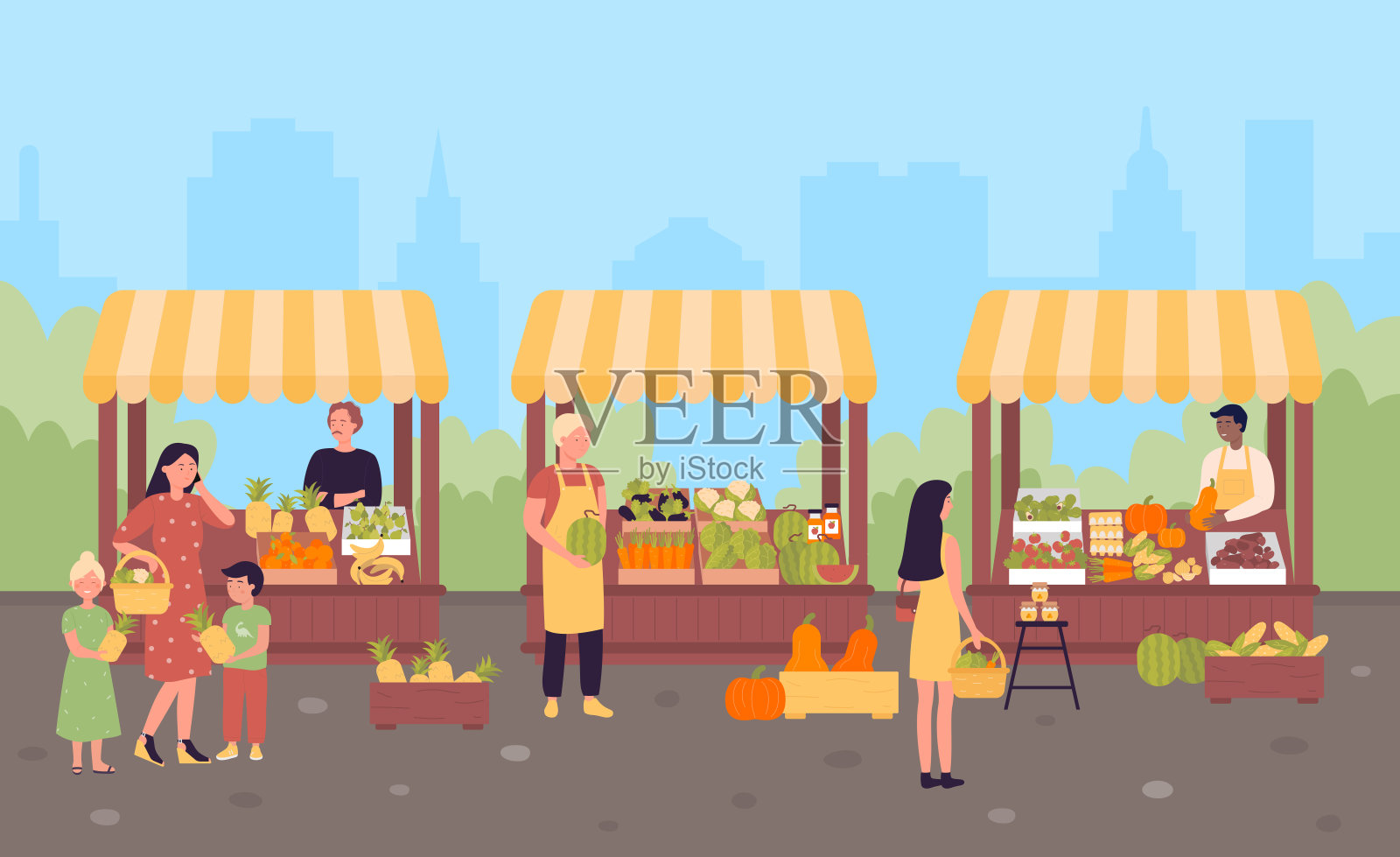以城市农贸市场为平面矢量插画概念，以城镇为背景插画图片素材