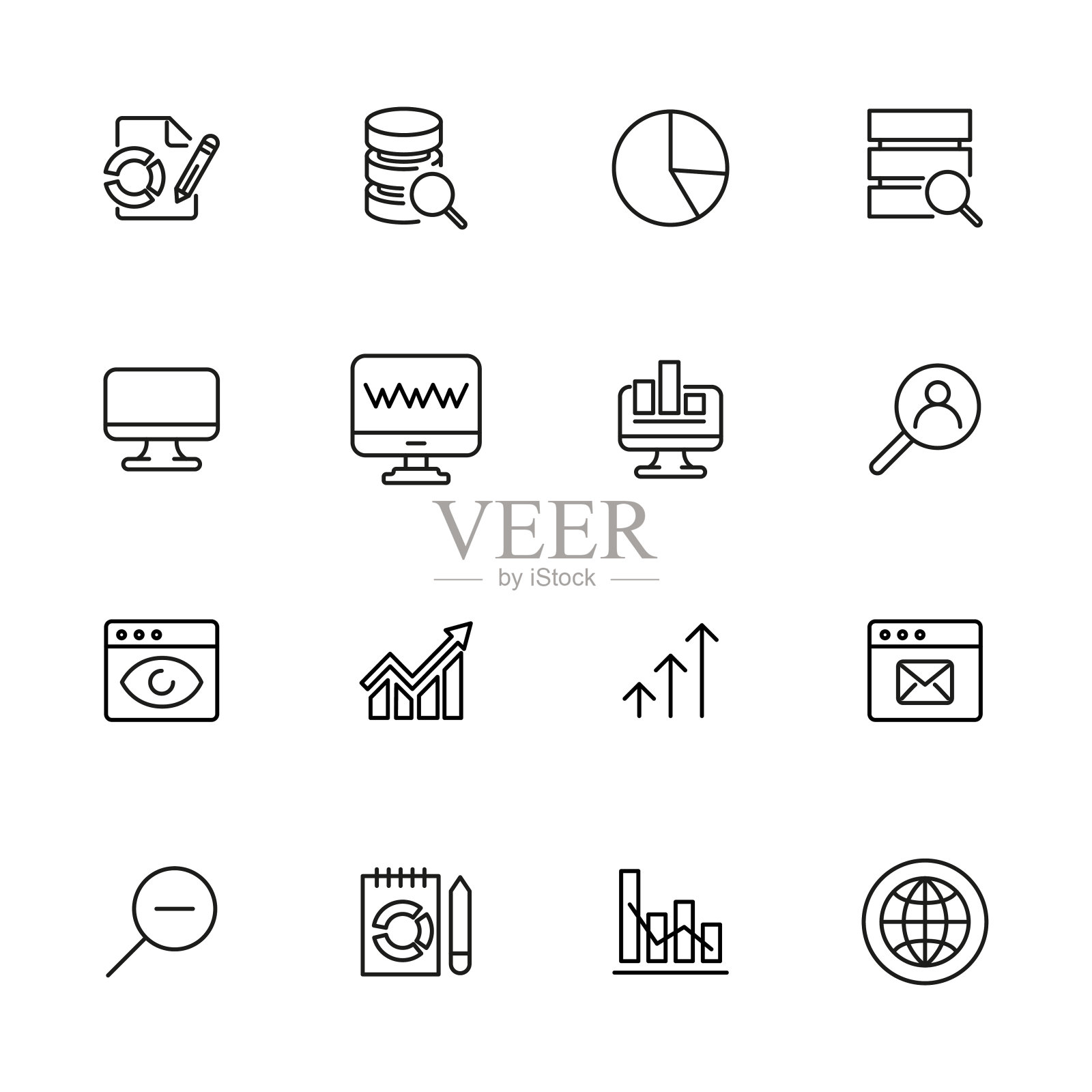 一套简单的大数据现代细线图标。图标素材