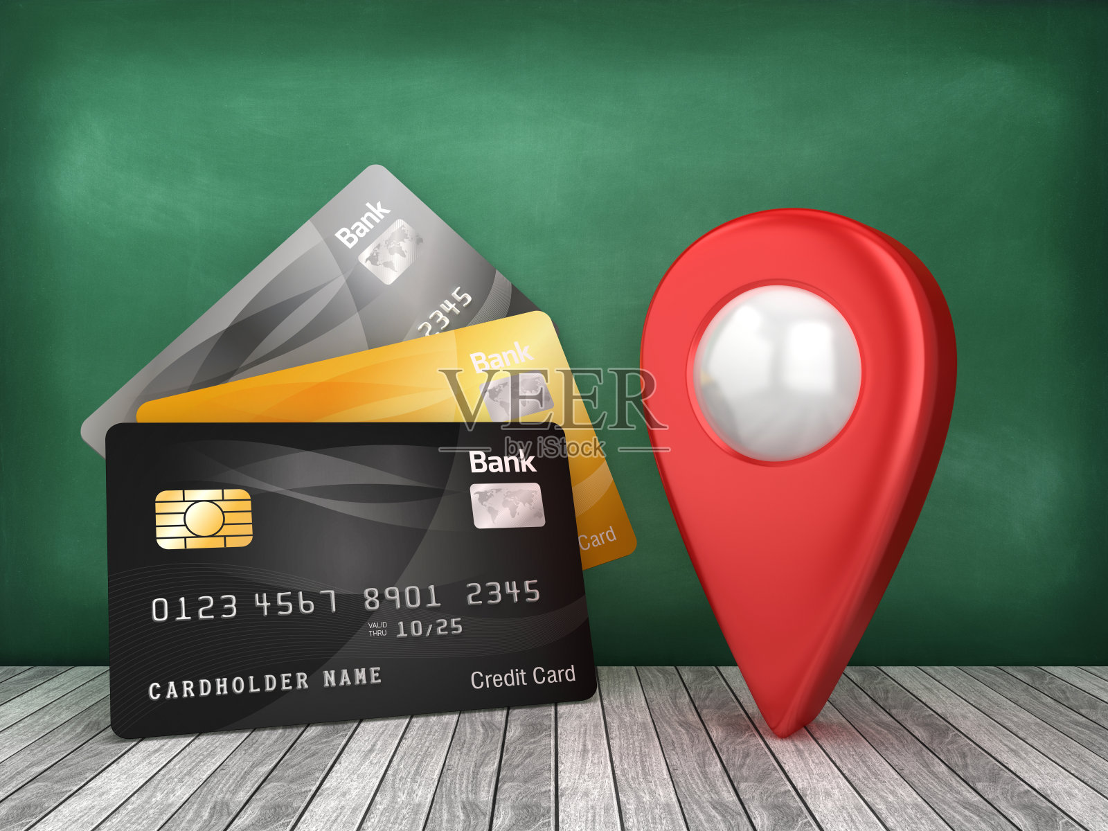 信用卡与GPS标记在黑板上- 3D渲染照片摄影图片