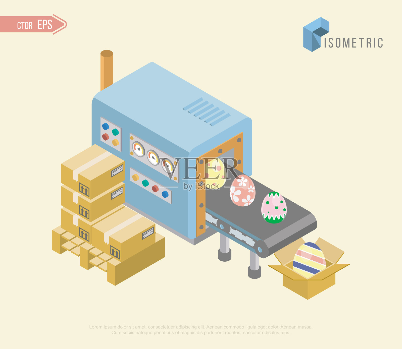 输送机包装包裹。矢量复活节彩蛋三维等距概念。输送机工厂、输送机配送、鸡蛋输送机行业插图。插画图片素材