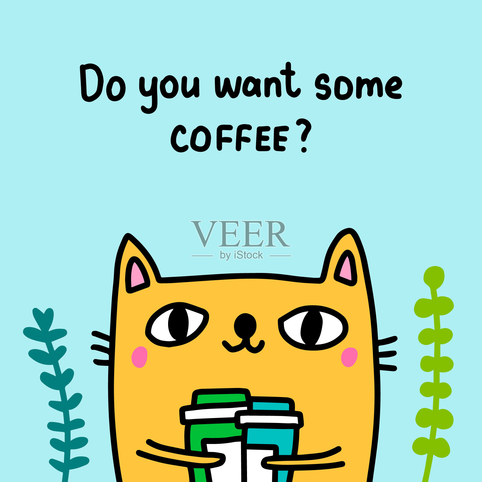 你想要一些咖啡手绘矢量插图在卡通漫画风格的猫拿着杯子喝吗插画图片素材