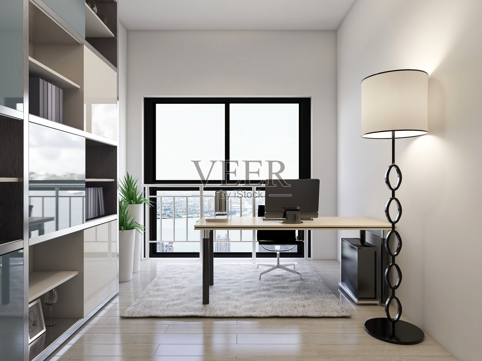 现代简约设计的书房，旁边有书桌和书柜，适合商务办公和学习照片摄影图片