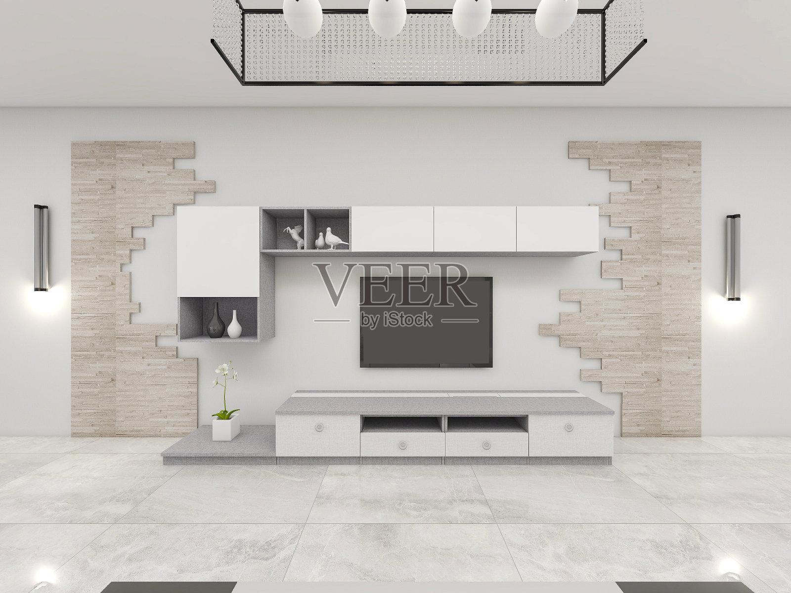 3D效果图，现代住宅宽敞的客厅设计，配有沙发、茶几、装饰画等照片摄影图片