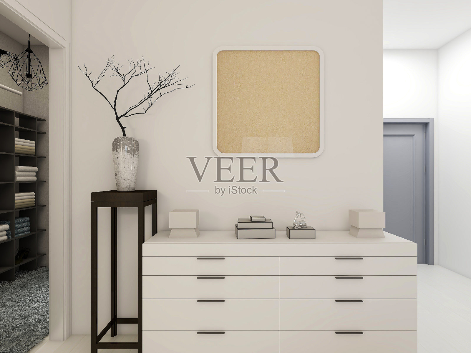 现代公寓的卧室设计优雅宽敞，大床旁边有一个大衣帽间，还有一个水桶柜和绿色植物。照片摄影图片