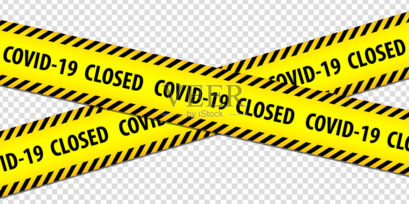 黑色和黄色警示胶带，透明背景，文字为“COVID-19关闭”。隔离。阻止冠状病毒、新冠病毒，边境关闭，请勿过境。EPS10。插画图片素材