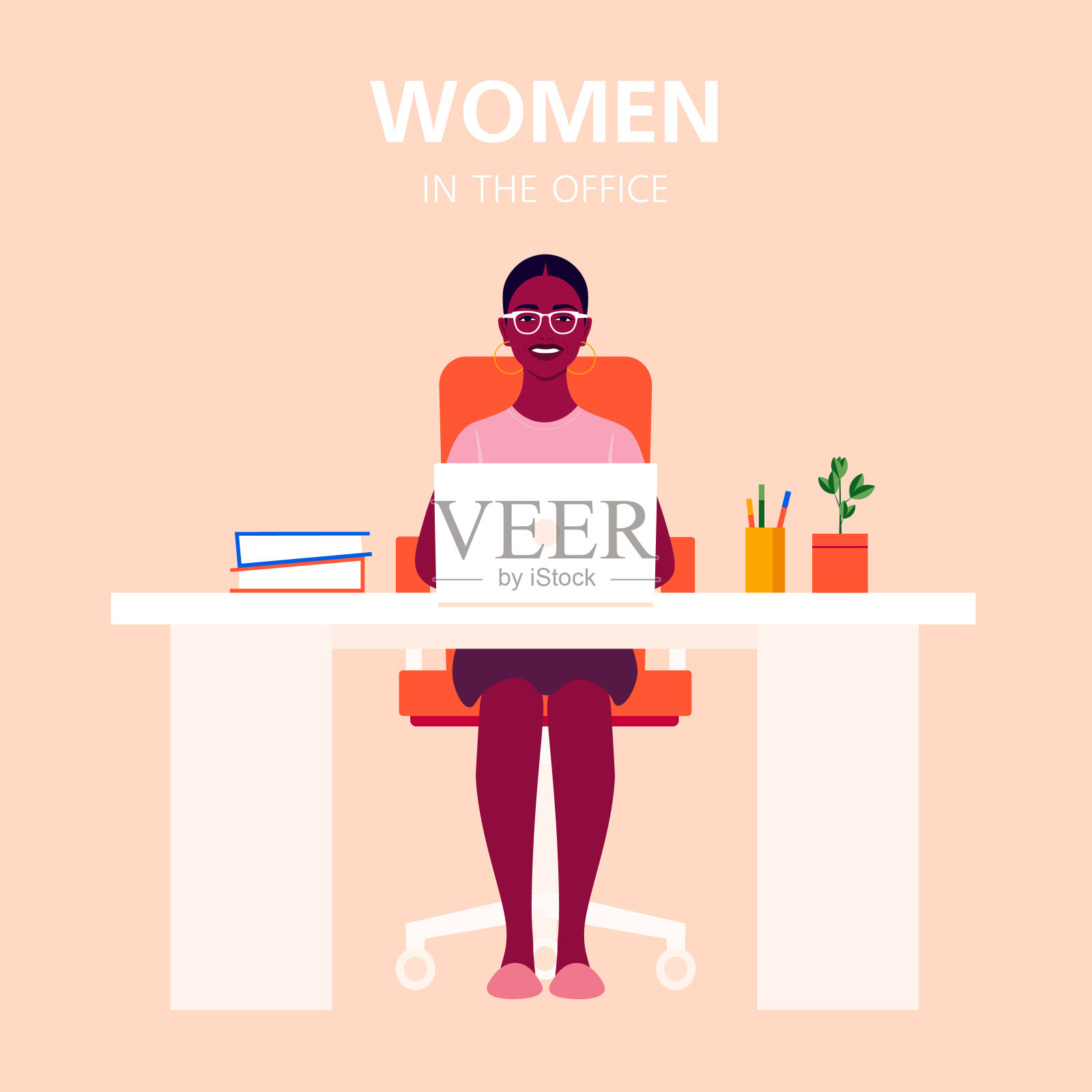 一位年轻的非洲妇女正坐在桌子旁，拿着笔记本电脑。在线教育冠状病毒在家里工作。社会距离。插画图片素材