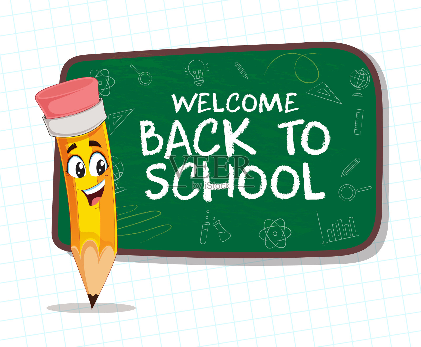 快乐铅笔与回到学校的绿色黑板插画图片素材