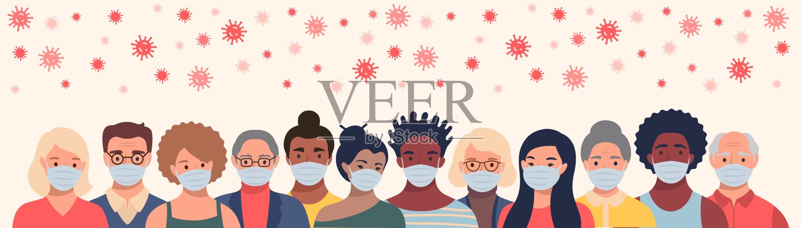 一群人戴着防护口罩，以平面方式飞行冠状病毒。男女佩戴医用口罩，预防疾病、流感、隔离观念。插画图片素材