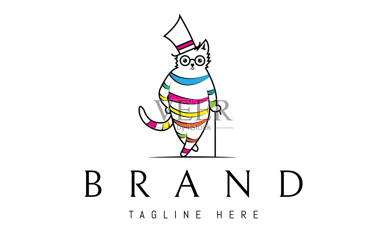 矢量标志，其中一个抽象形象的猫与一根手杖和在一顶帽子。插画图片素材