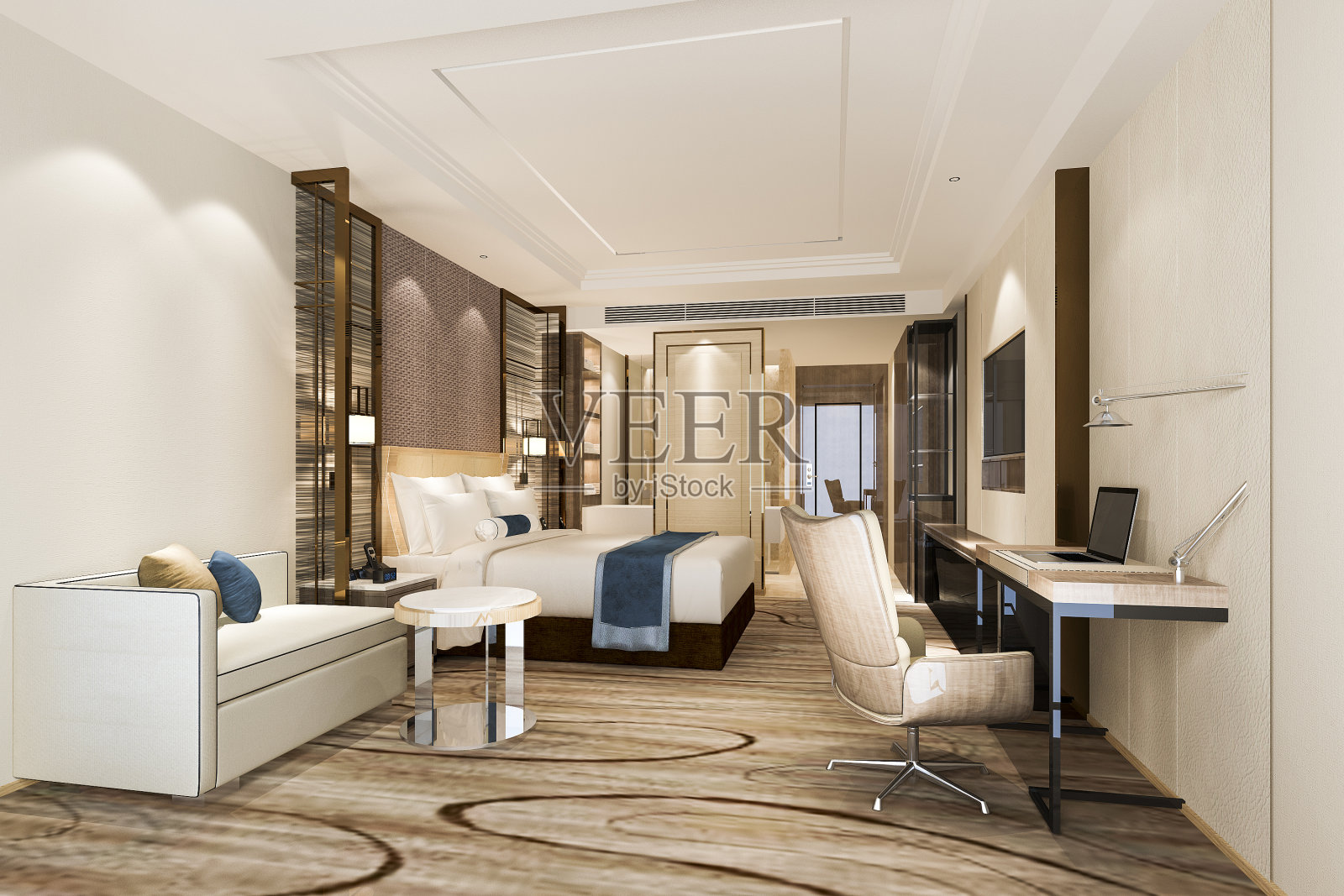 3d渲染美丽的豪华卧室套房在酒店配有电视和工作台照片摄影图片