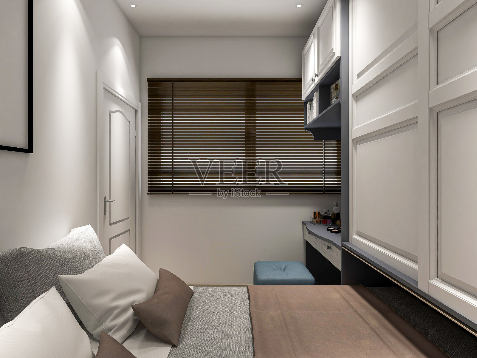 3D效果图，优雅宽敞的现代公寓卧室设计，大床旁的大衣柜，照片摄影图片