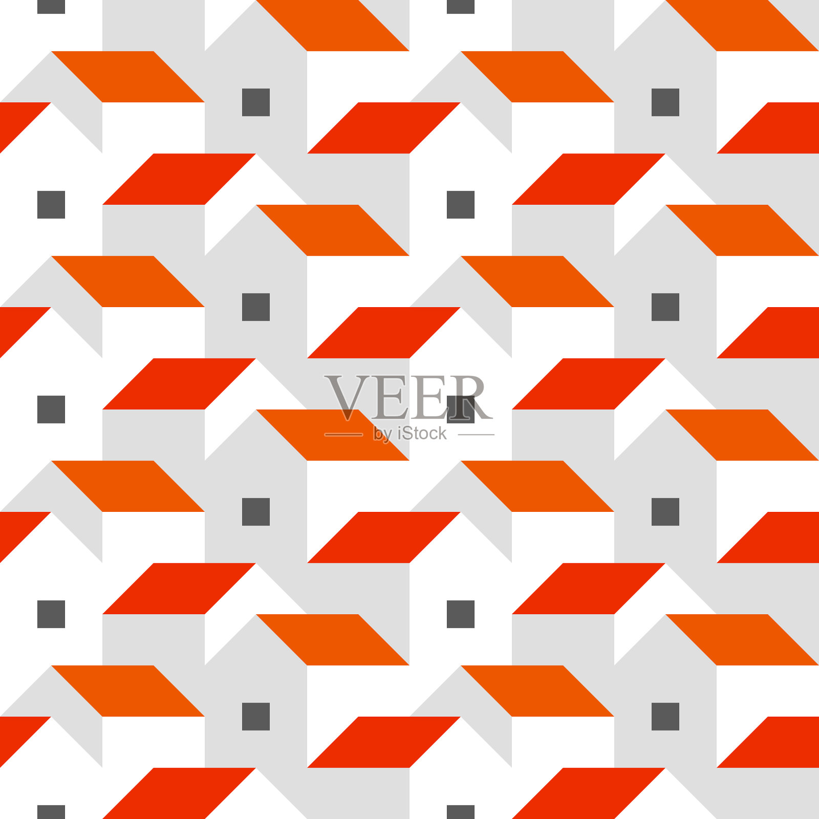 房子无缝模式与红屋顶。可爱的几何背景与扁平风格的房子。小城市或地中海城镇。插画图片素材