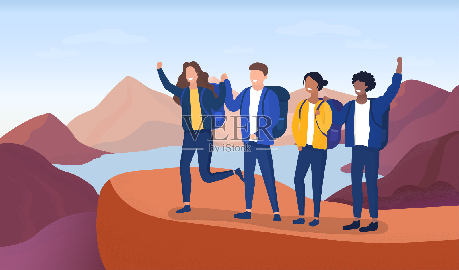 一群在山里徒步旅行的年轻人插画图片素材