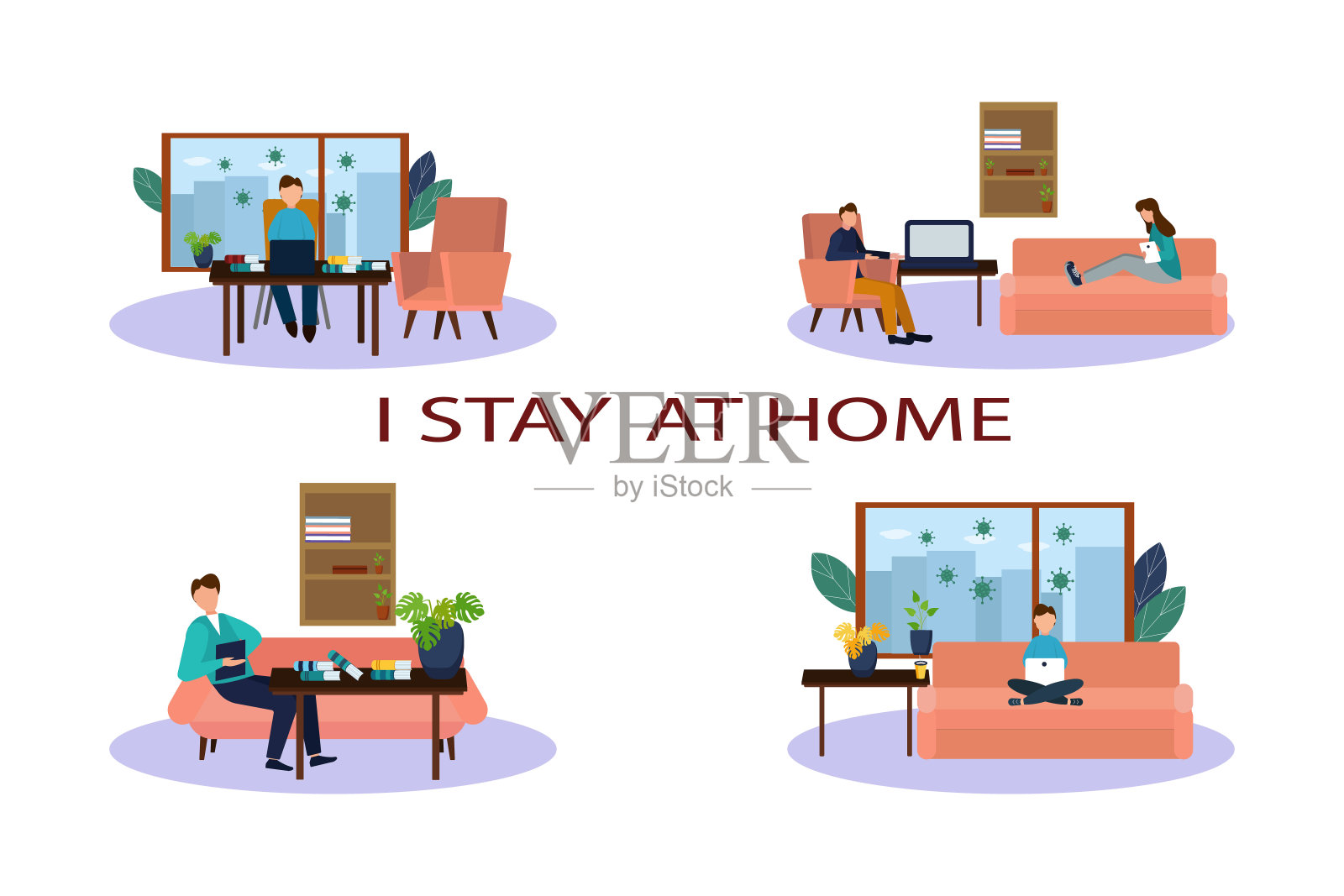 一套矢量插图。人们在隔离期间仍待在家中。远程工作和在线培训。流行,冠状病毒大流行插画图片素材