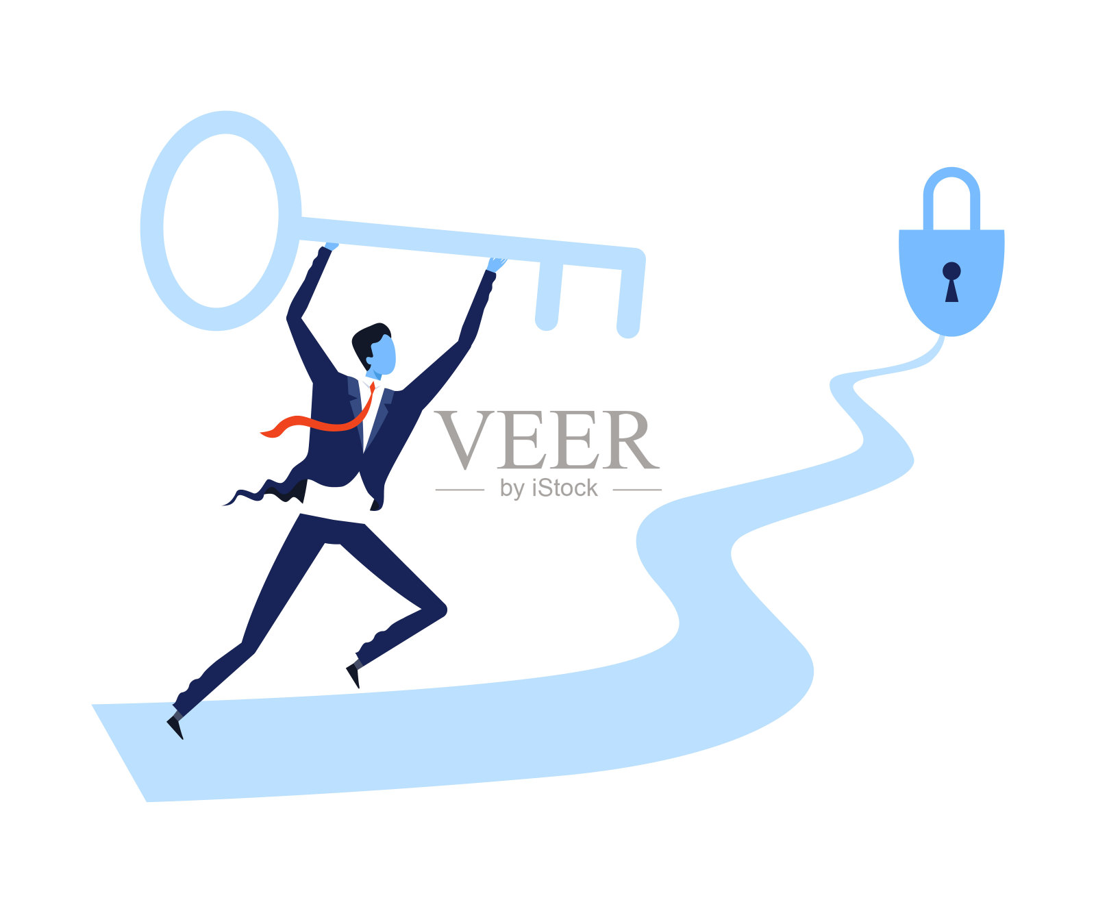 商人运行曲折的路径与大钥匙从挂锁在他的手中，商业目标矢量插图设计元素图片