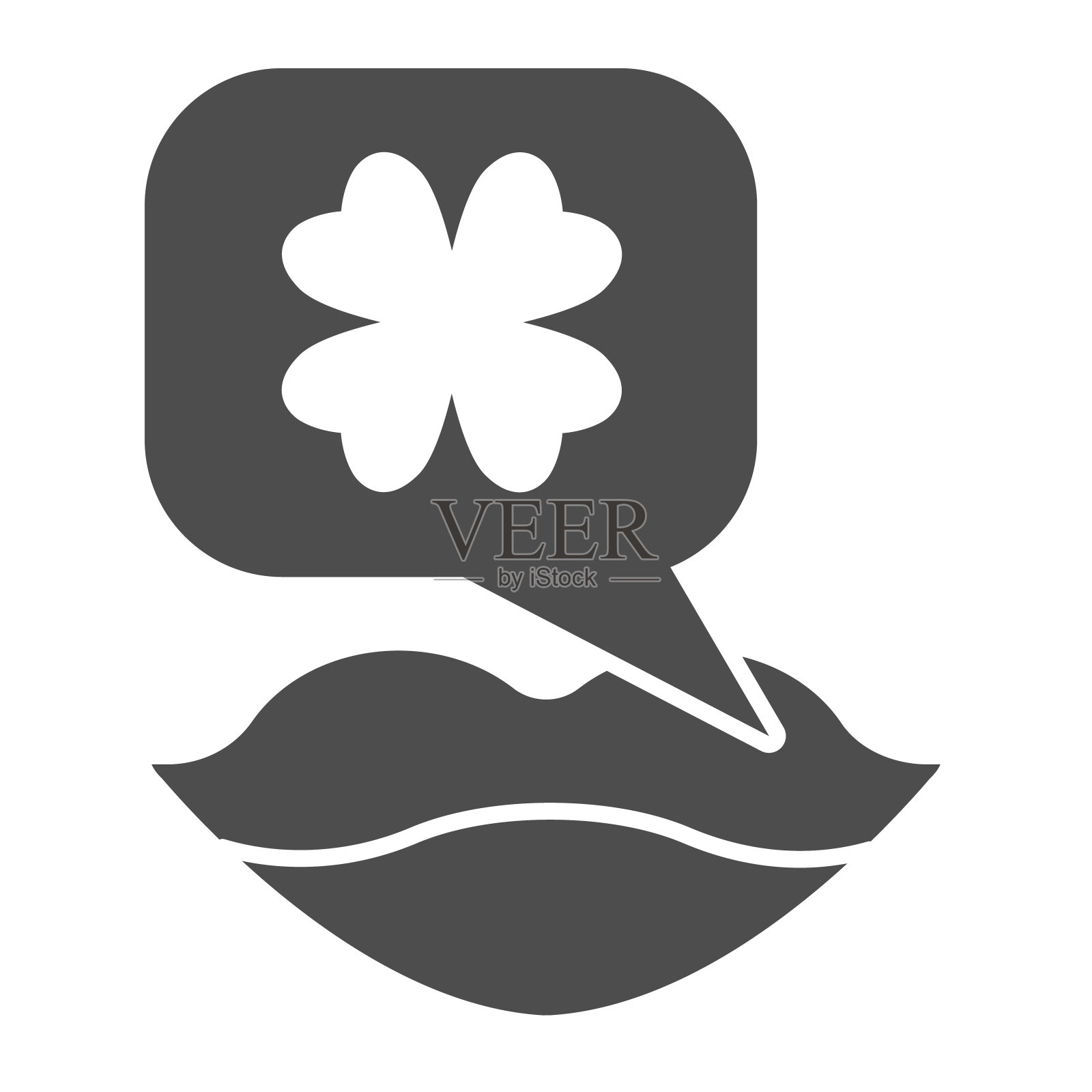 嘴唇和三叶草固体图标。女性嘴和对话气泡与三叶草字形风格的象形文字在白色的背景。圣帕特里克节标志的移动概念和网页设计。矢量图形。图标素材