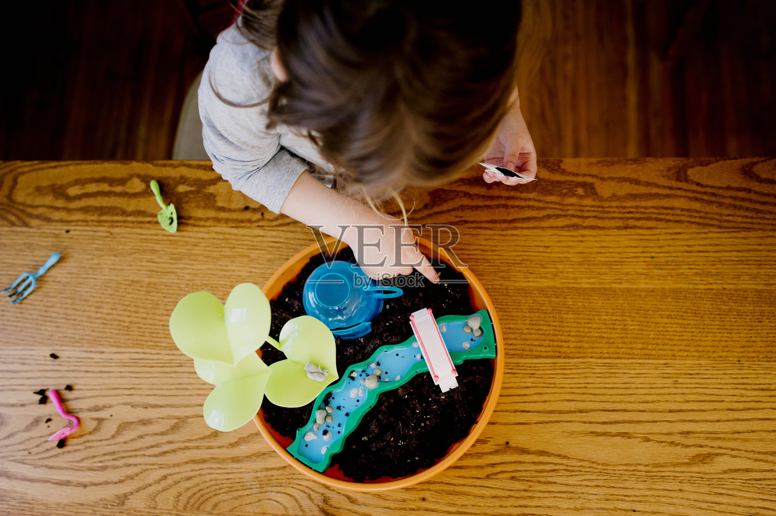 照料她的仙女花园的孩子照片摄影图片