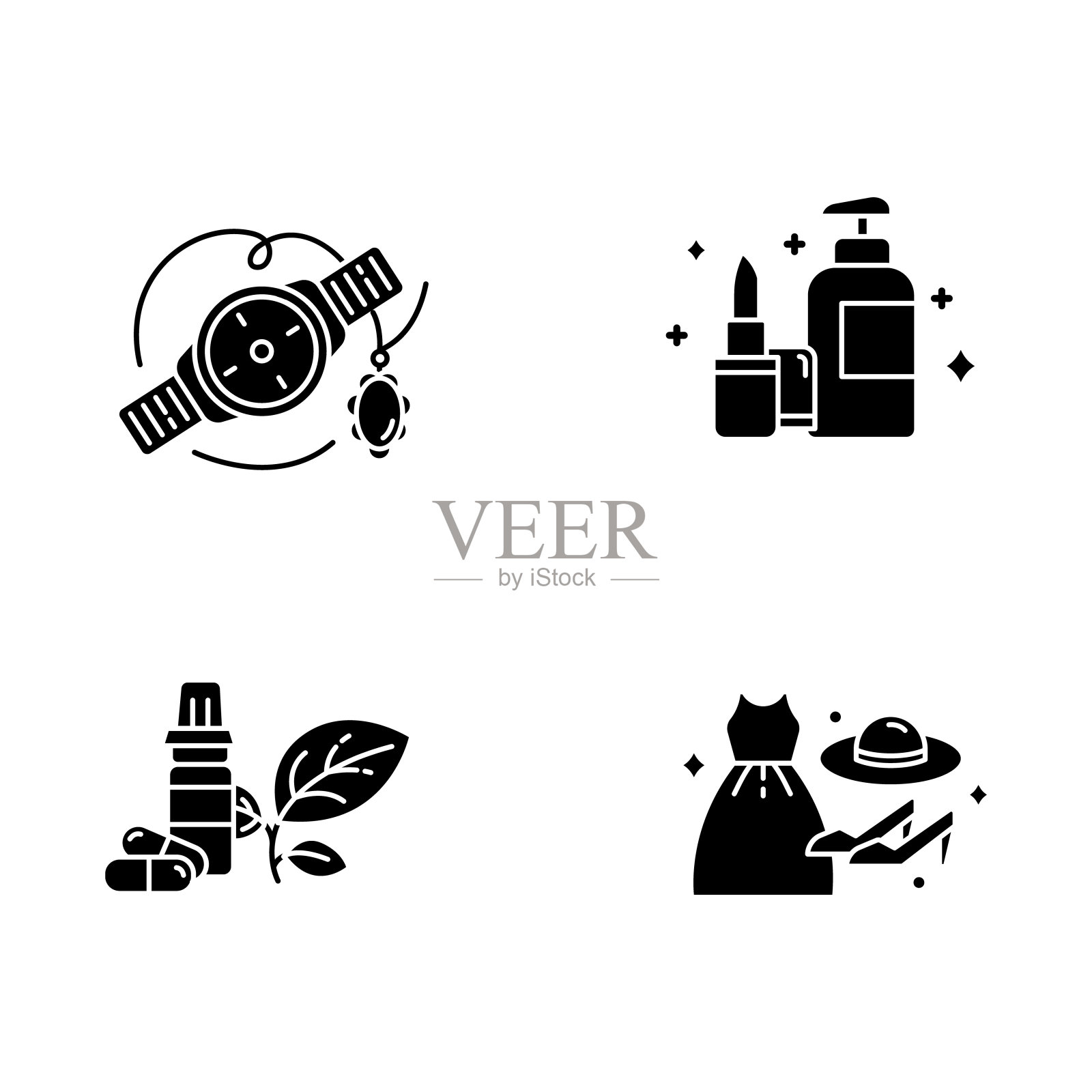 电子商务部门字形图标集。网上购物类别。美容和个人护理。时尚。珠宝和手表。健康产品。轮廓符号。向量孤立的插图插画图片素材