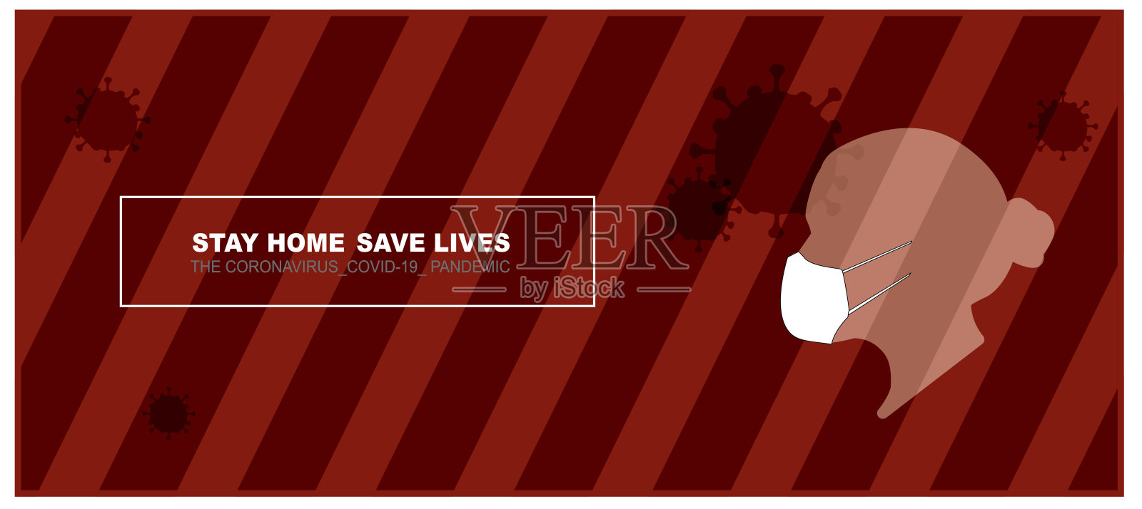 戴口罩，防止新冠肺炎传播。待在家里保存矢量插图。插画图片素材