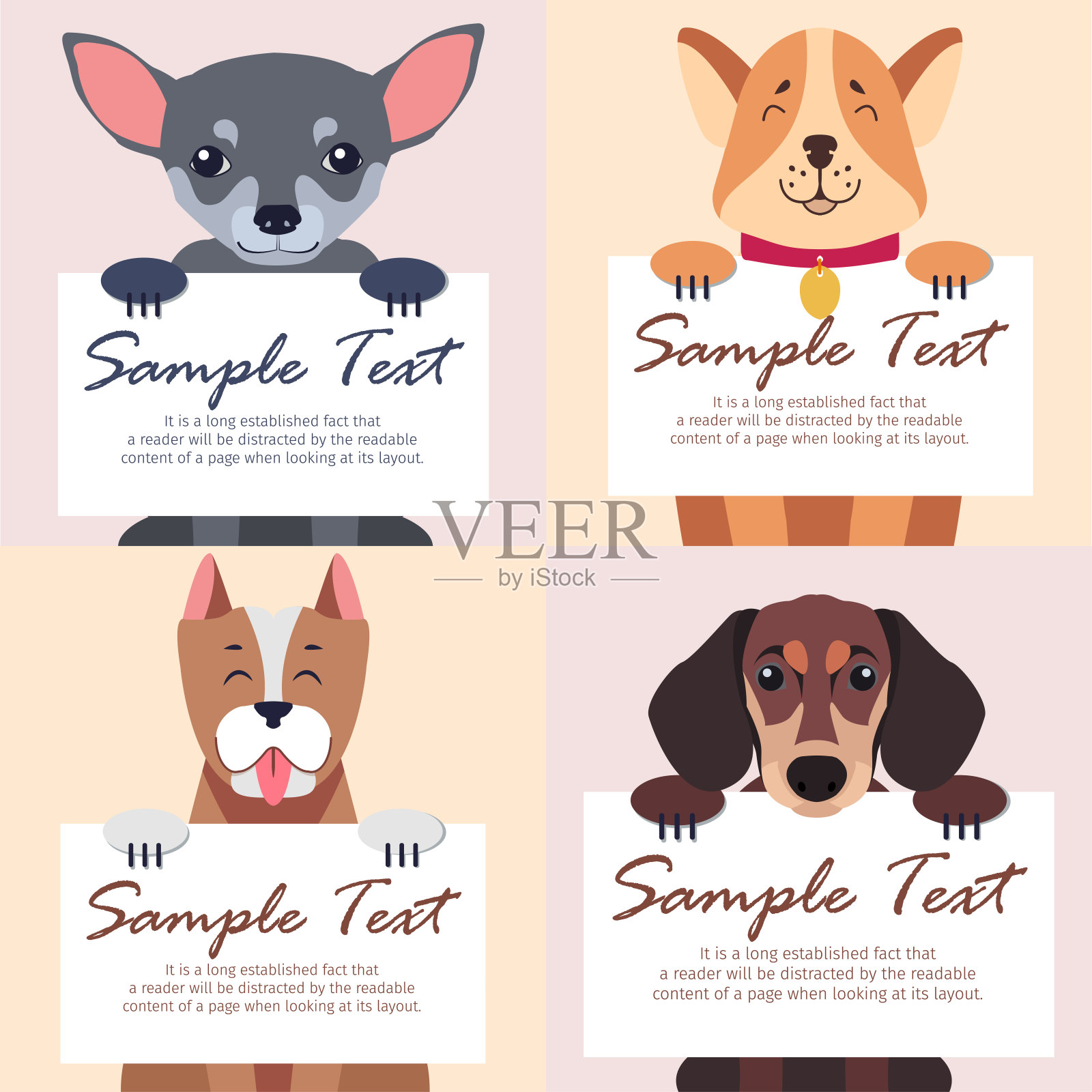 四只纯种狗手持白色卡片插画图片素材