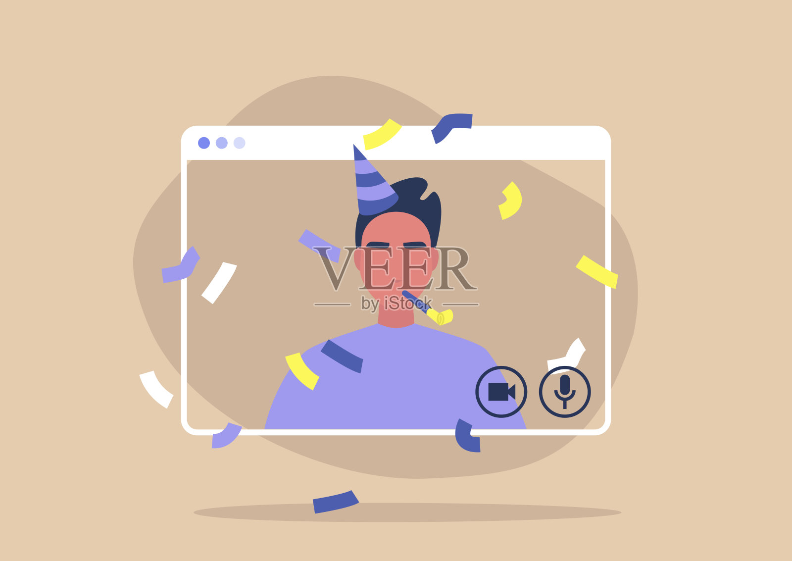 年轻的男性角色在网上庆祝自己的生日，自我隔离派对插画图片素材