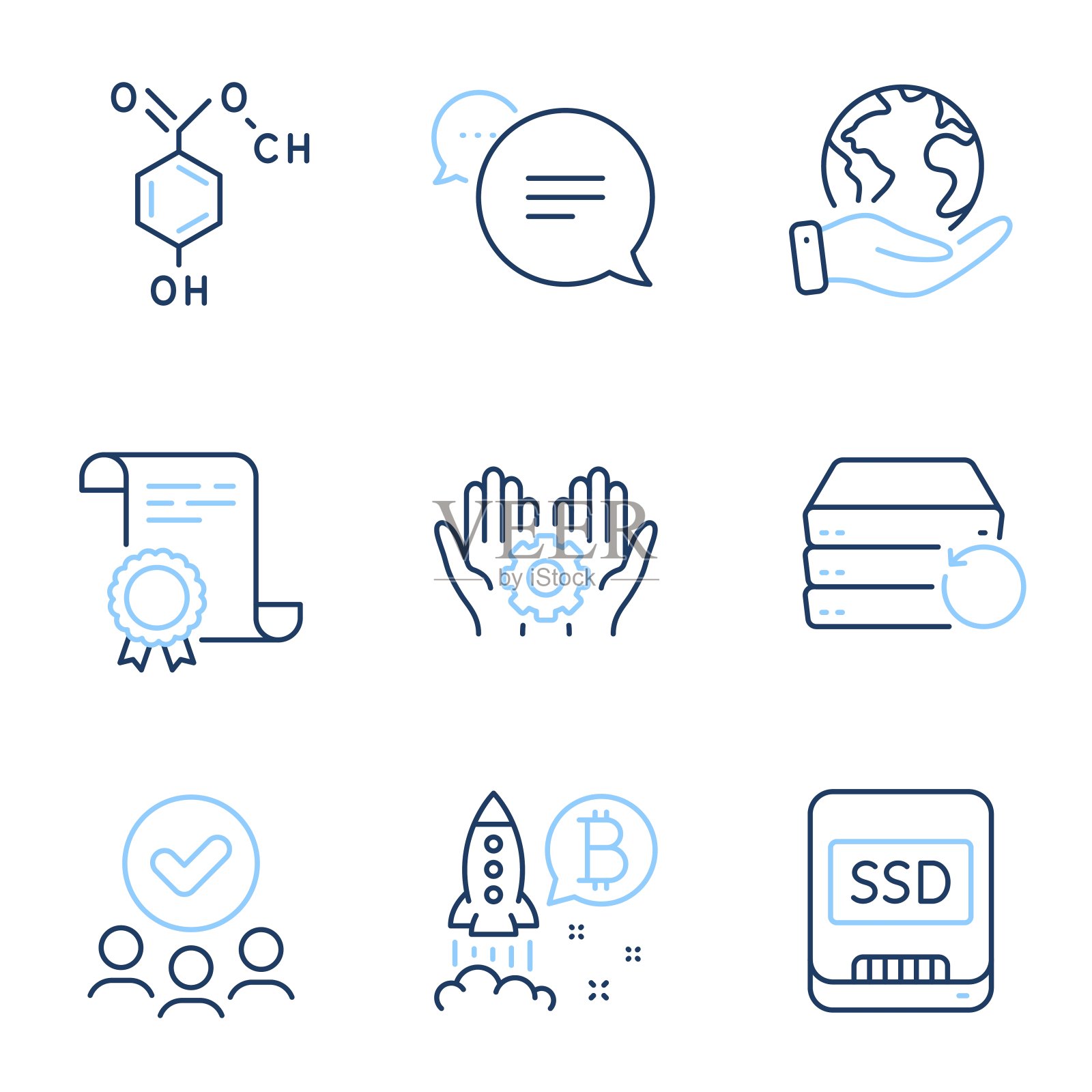 比特币项目，短信和员工手图标集。化学公式，恢复服务器和Ssd标志。向量图标素材