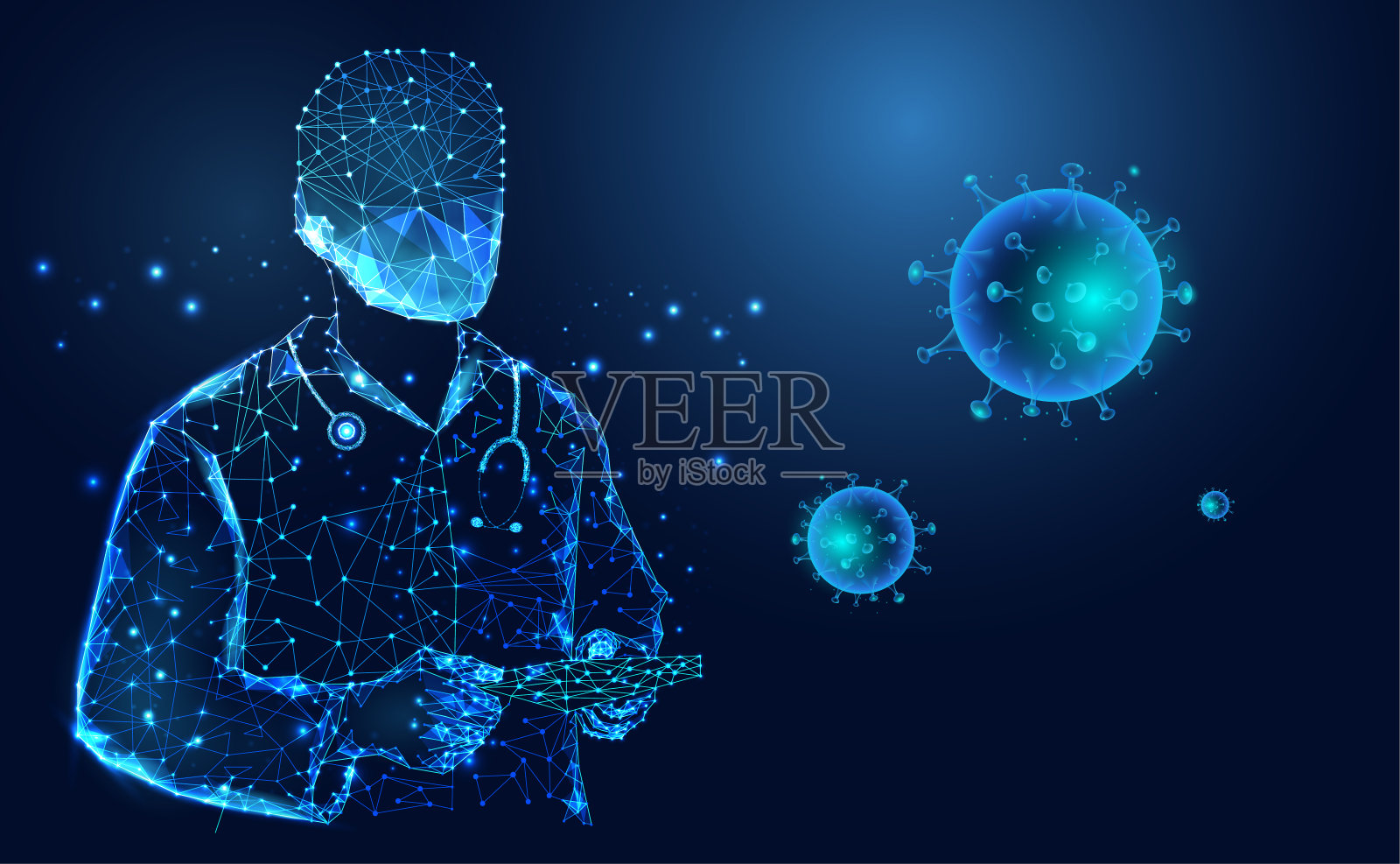 医生与病毒COVID-19感染。医学冠状病毒病或新型冠状病毒(2019-nCoV)。标志和符号概念蓝色的蓝色背景插画图片素材