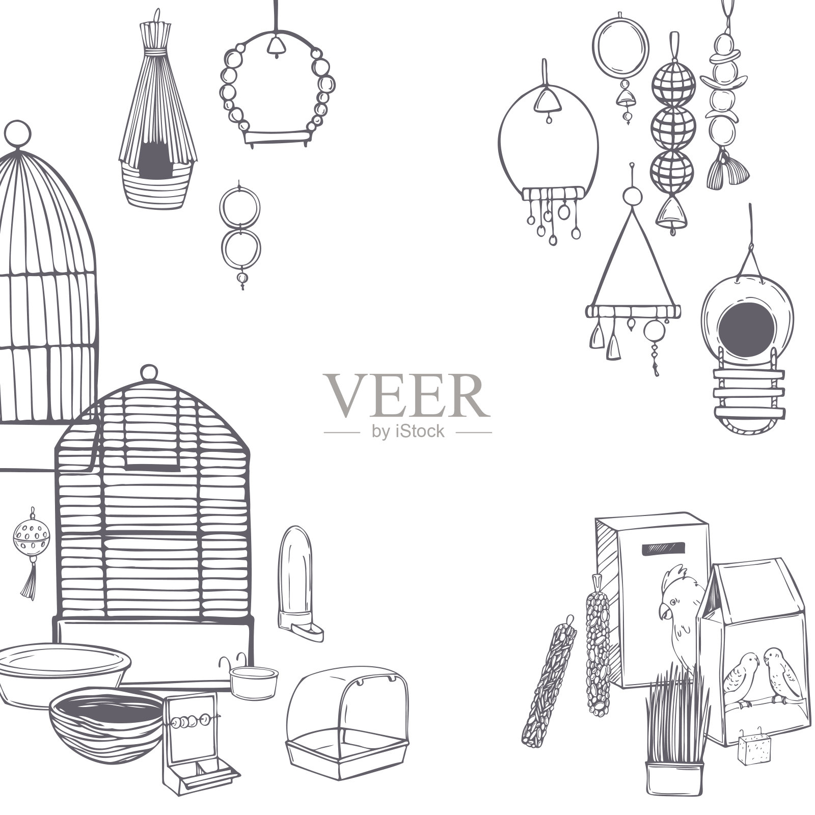 手绘鹦鹉的东西设置。向量的背景。插画图片素材