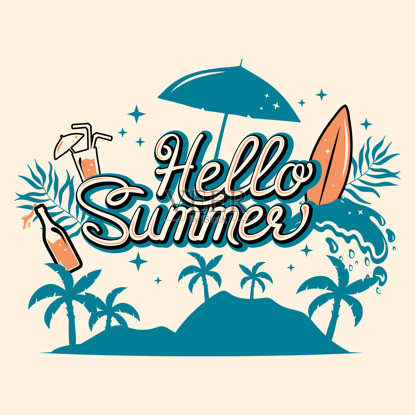 你好夏天字体打印。鸡尾酒，冲浪，海浪，热带树叶，棕榈树在岛上的背景。热带轮廓模式。插画图片素材