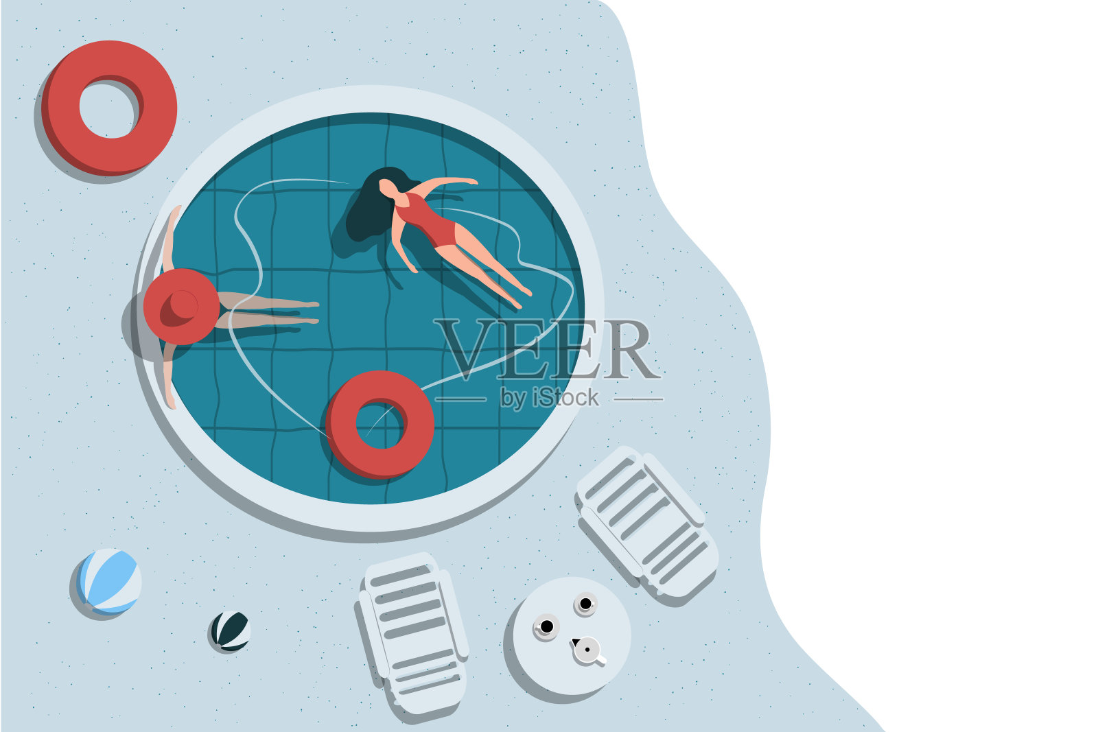 手绘边界与女孩在游泳池寒冷和日光浴。矢量孤立背景与妇女在泳衣放松在水。夏季时间横幅模板。插画图片素材