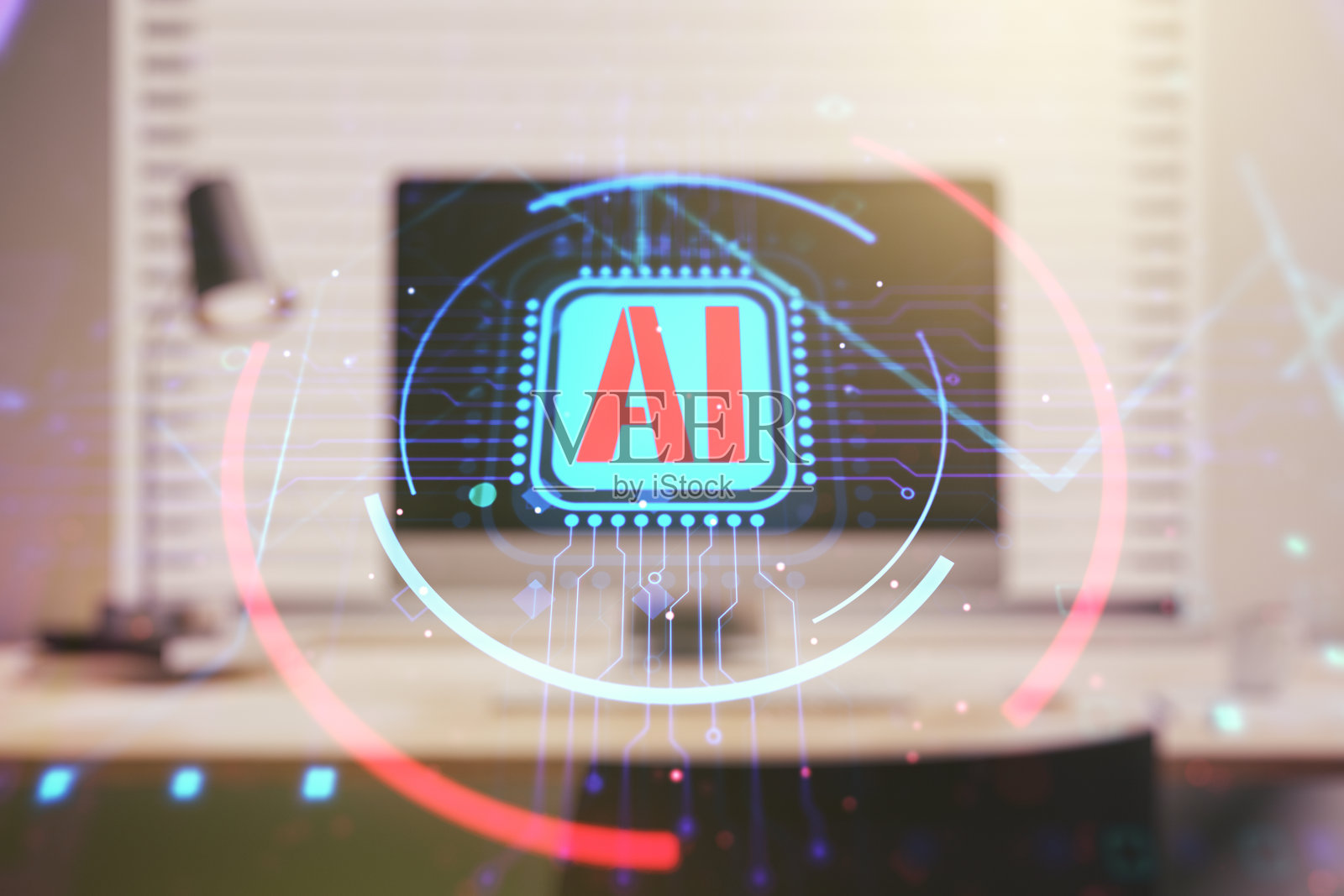 以计算机为背景的创造性人工智能缩写的双重曝光。未来技术和人工智能概念照片摄影图片