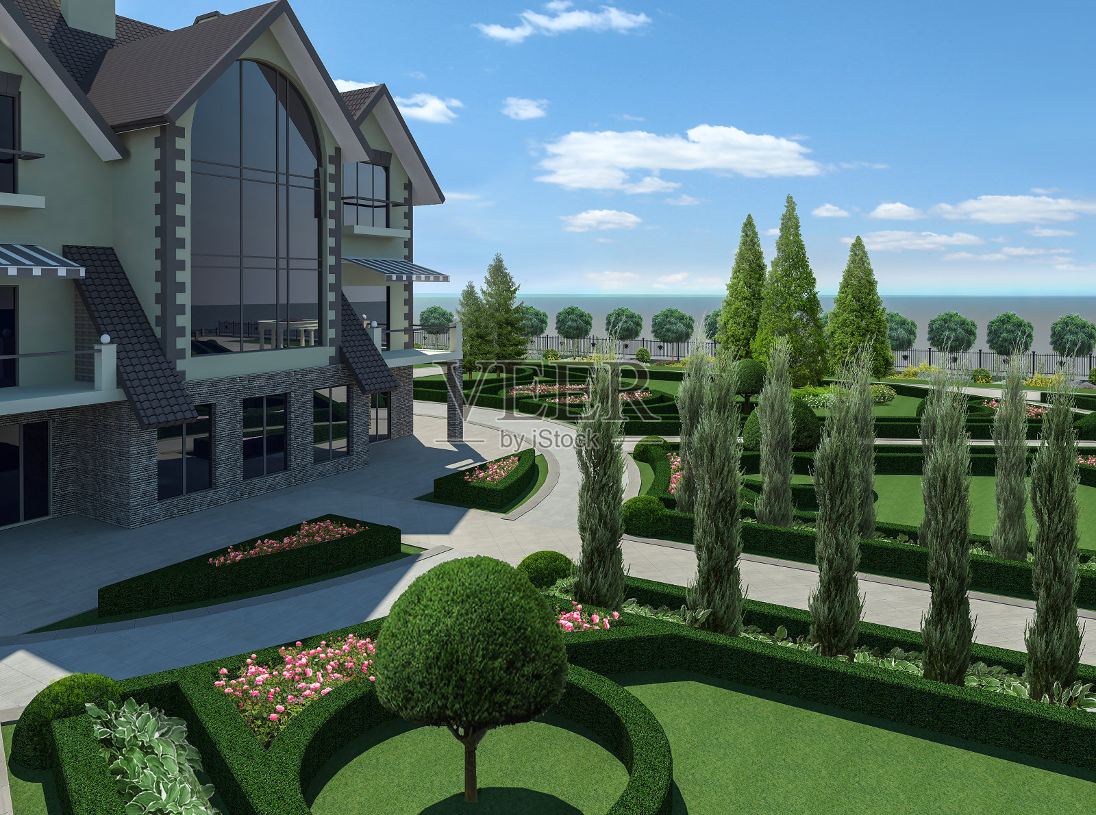 豪华郊区绿色设计特色，3D渲染照片摄影图片