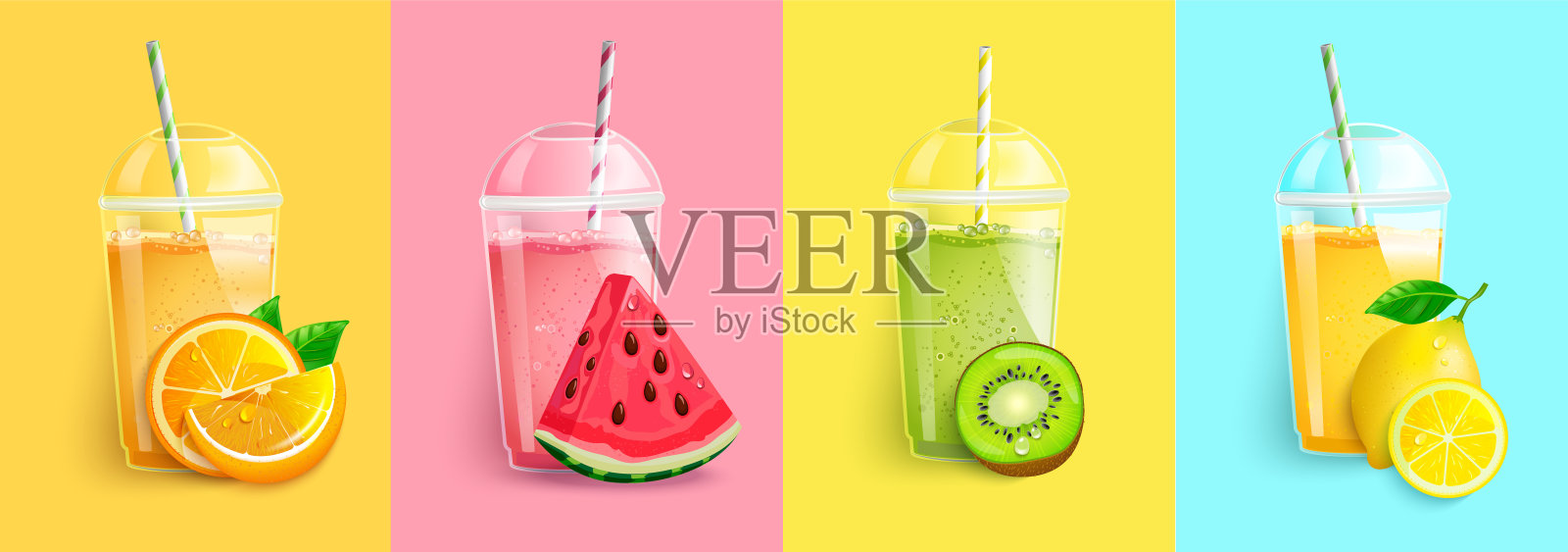 橘子，西瓜，猕猴桃，柠檬冰沙套装。插画图片素材