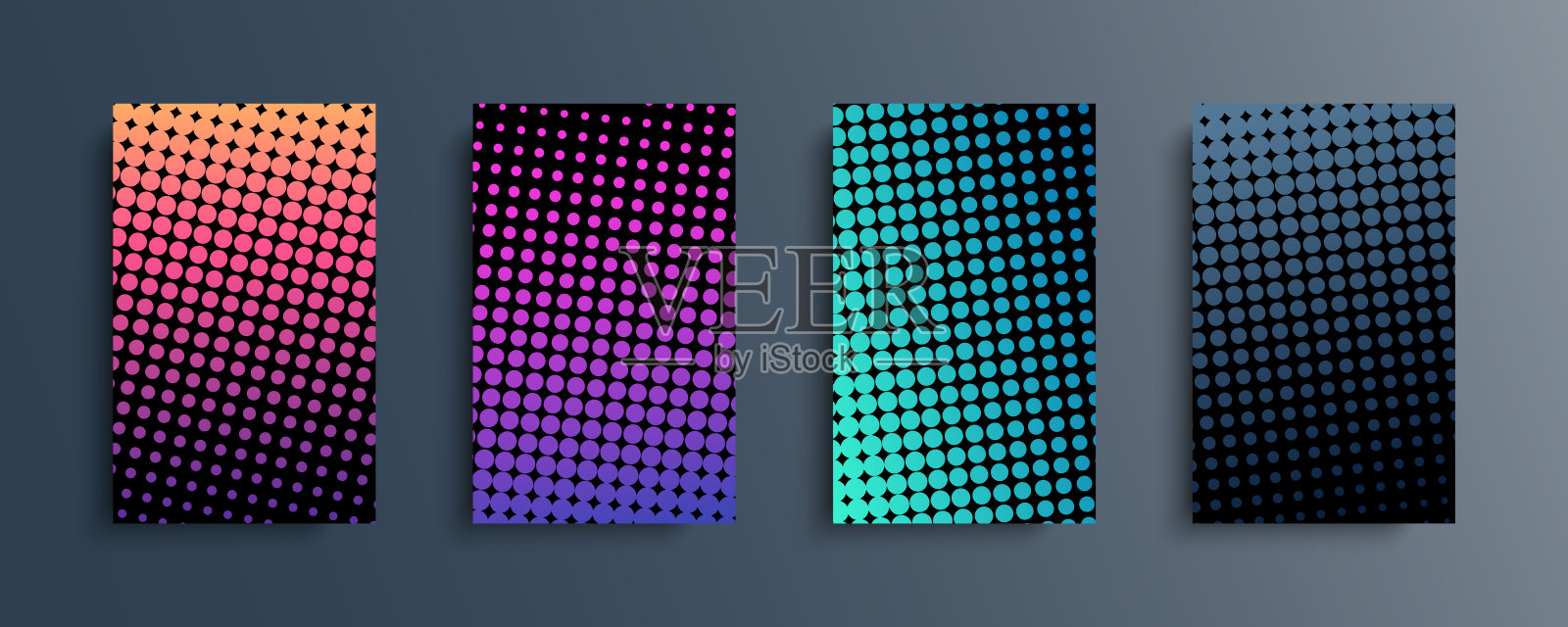 一套彩色半色调背景与点模式。彩色渐变半色调涵盖收集的小册子，海报，横幅，传单和卡片。设计模板素材