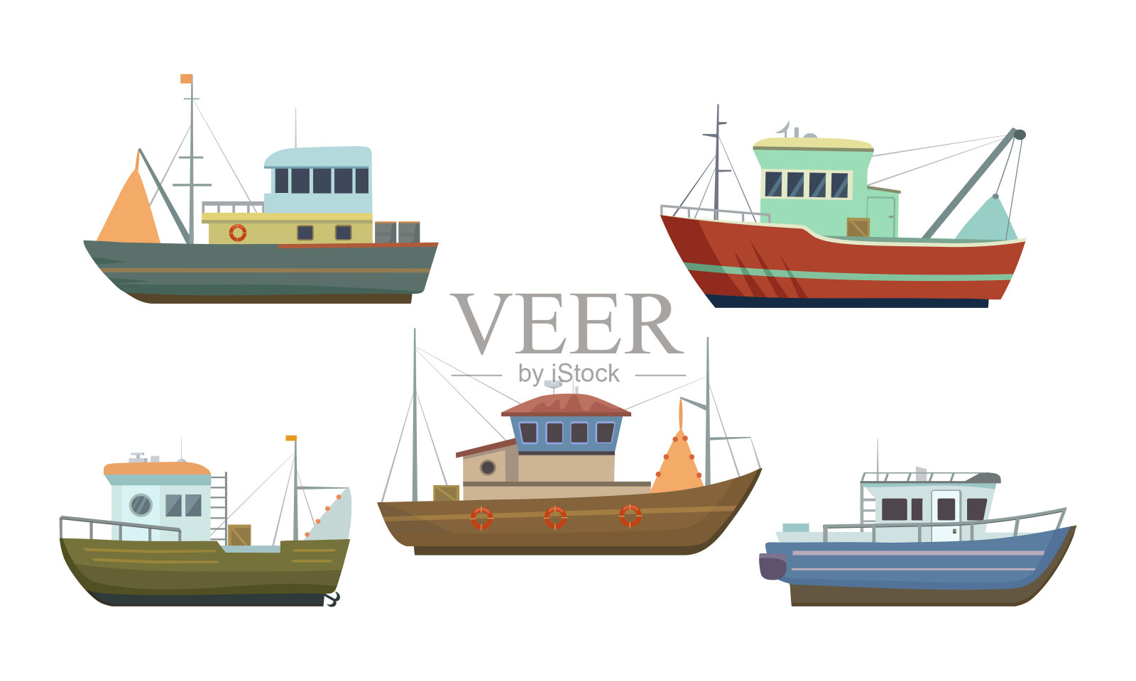 一套商业海上拖网渔船。矢量插图在平面卡通风格。插画图片素材