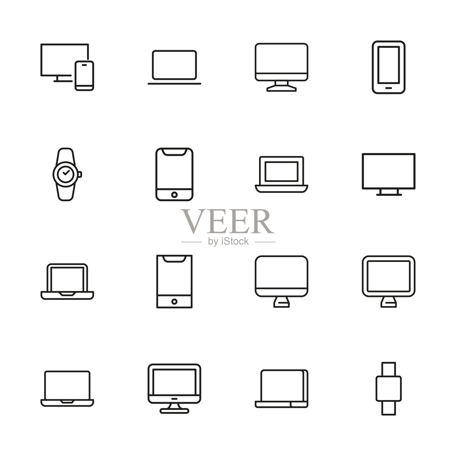 现代细线图标设备集。图标素材