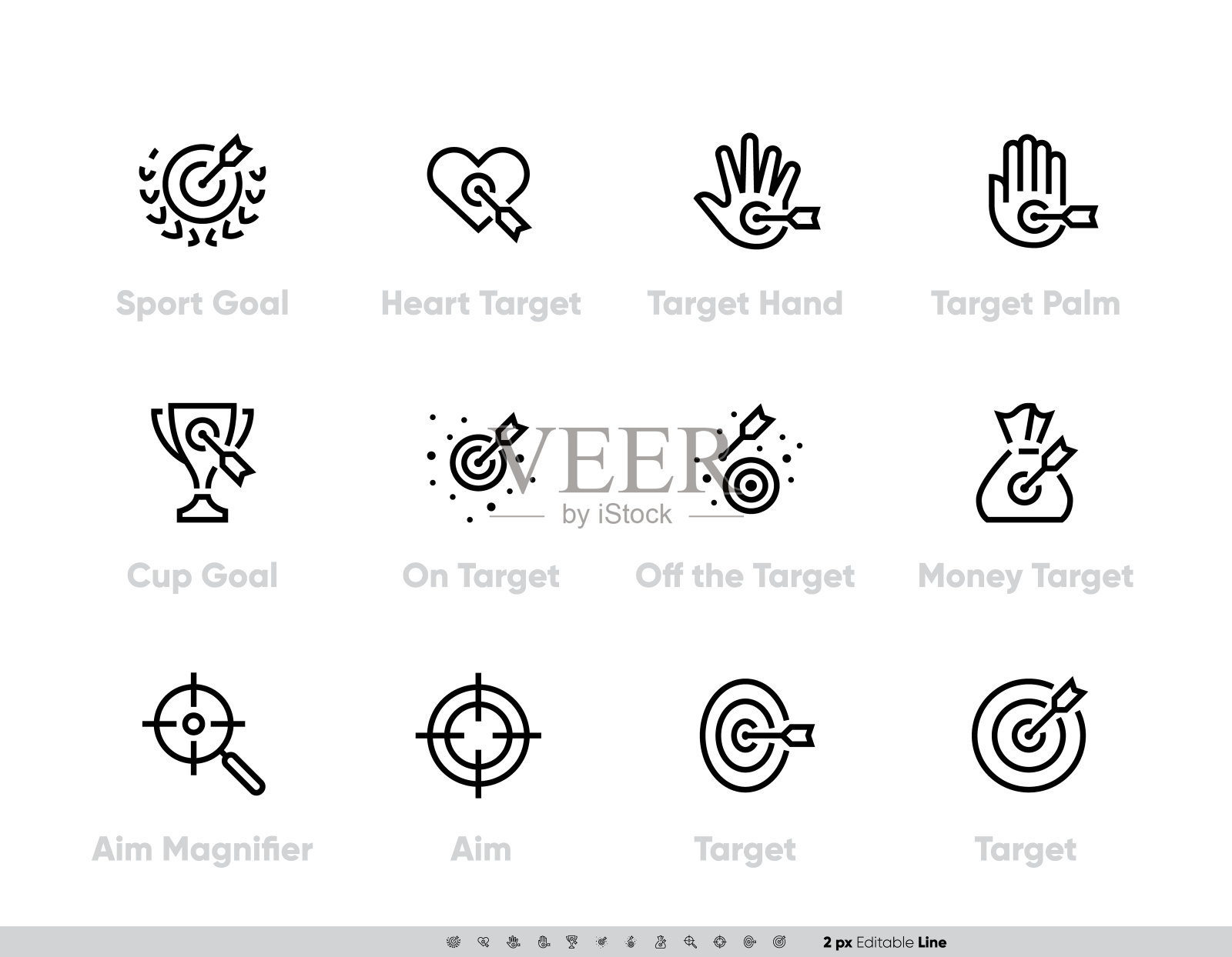 运动目标和目标图标设置。心，手，手掌，杯子，瞄准钱，放大镜矢量图标。可编辑的线条笔画象形图插画图片素材