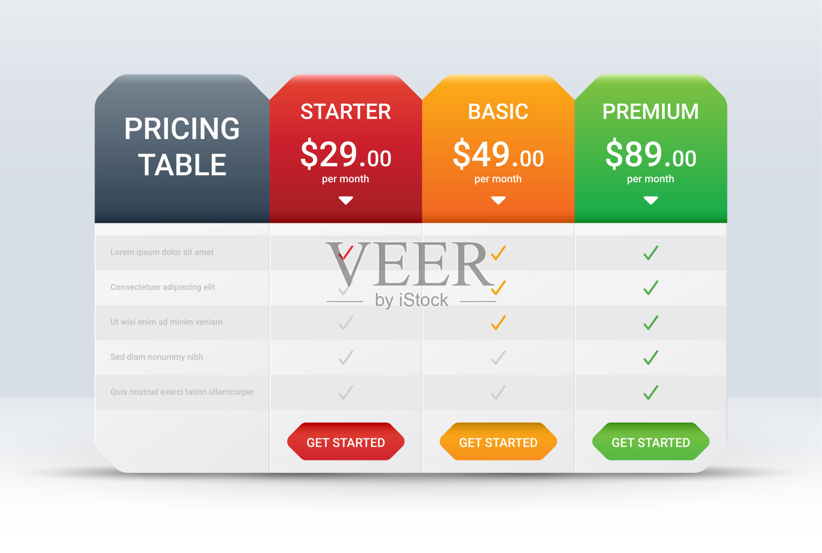 价格比较表布局模板为三种产品，矢量插图插画图片素材