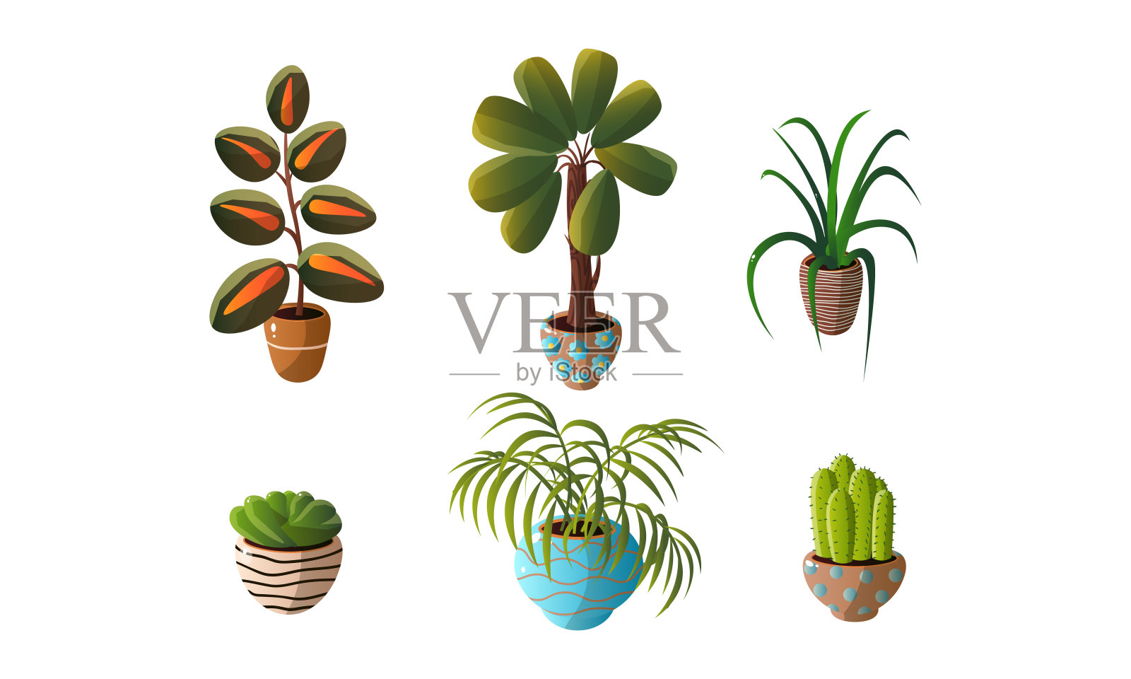 一套装饰室内植物在花盆。矢量插图在平面卡通风格。设计元素图片