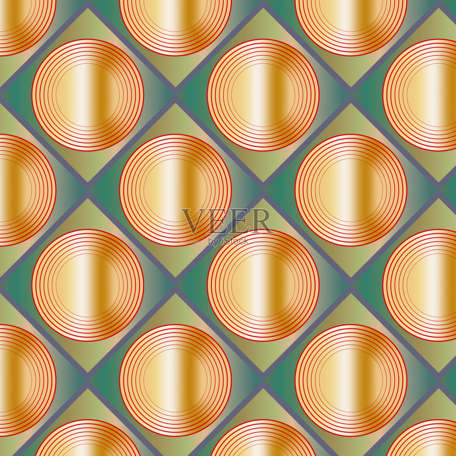 矢量无缝几何图案组成的金色圆圈和绿色菱形插画图片素材
