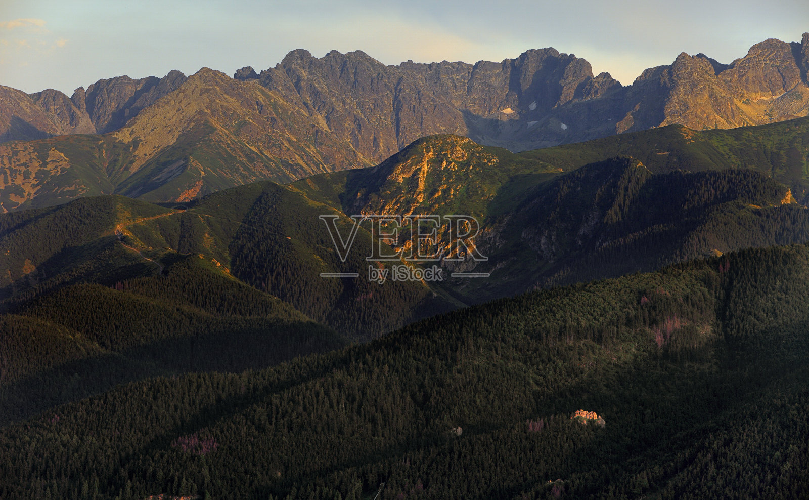 高塔特拉山的全景与kasproy Wierch, Czerwone Wierchy和Swinica峰从Zakopane在波兰看到照片摄影图片